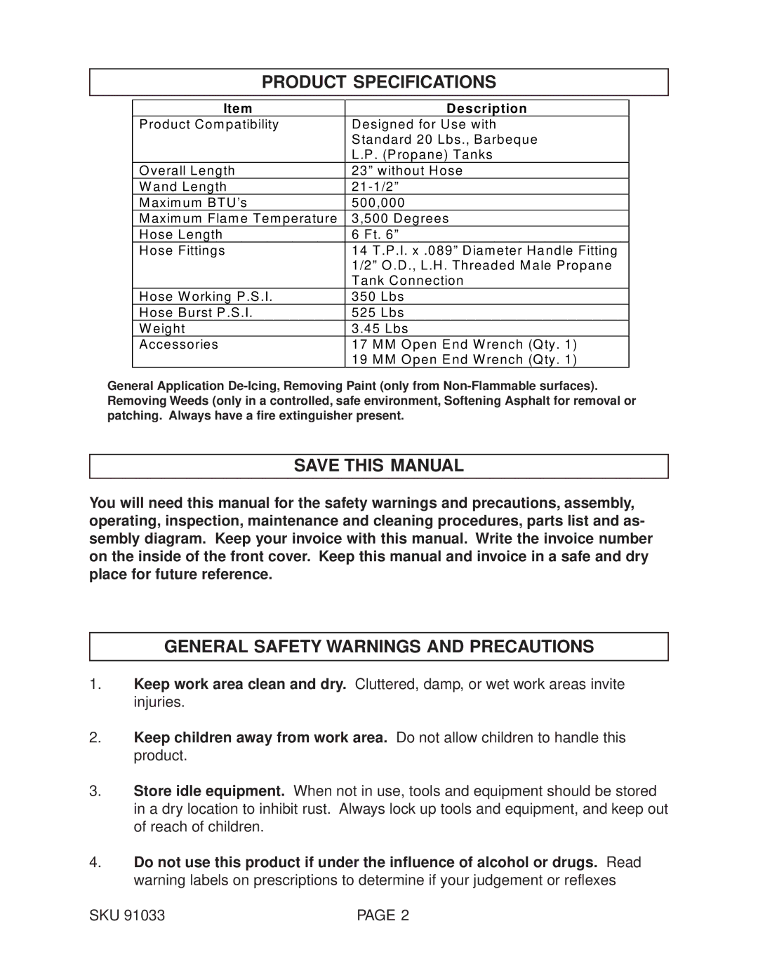 Harbor Freight Tools 91033 Product Specifications, Save this Manual, General Safety Warnings and Precautions 