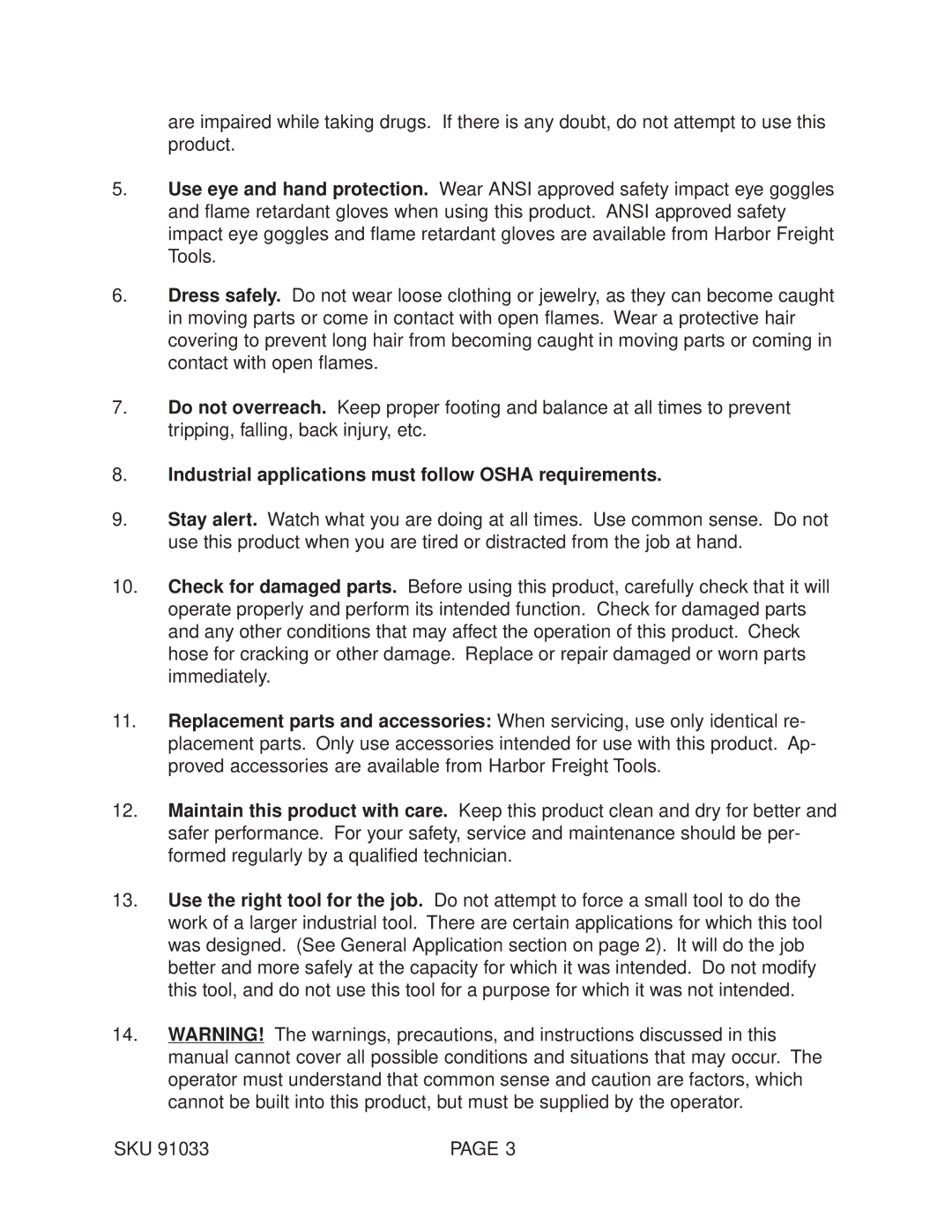 Harbor Freight Tools 91033 operating instructions Industrial applications must follow Osha requirements 