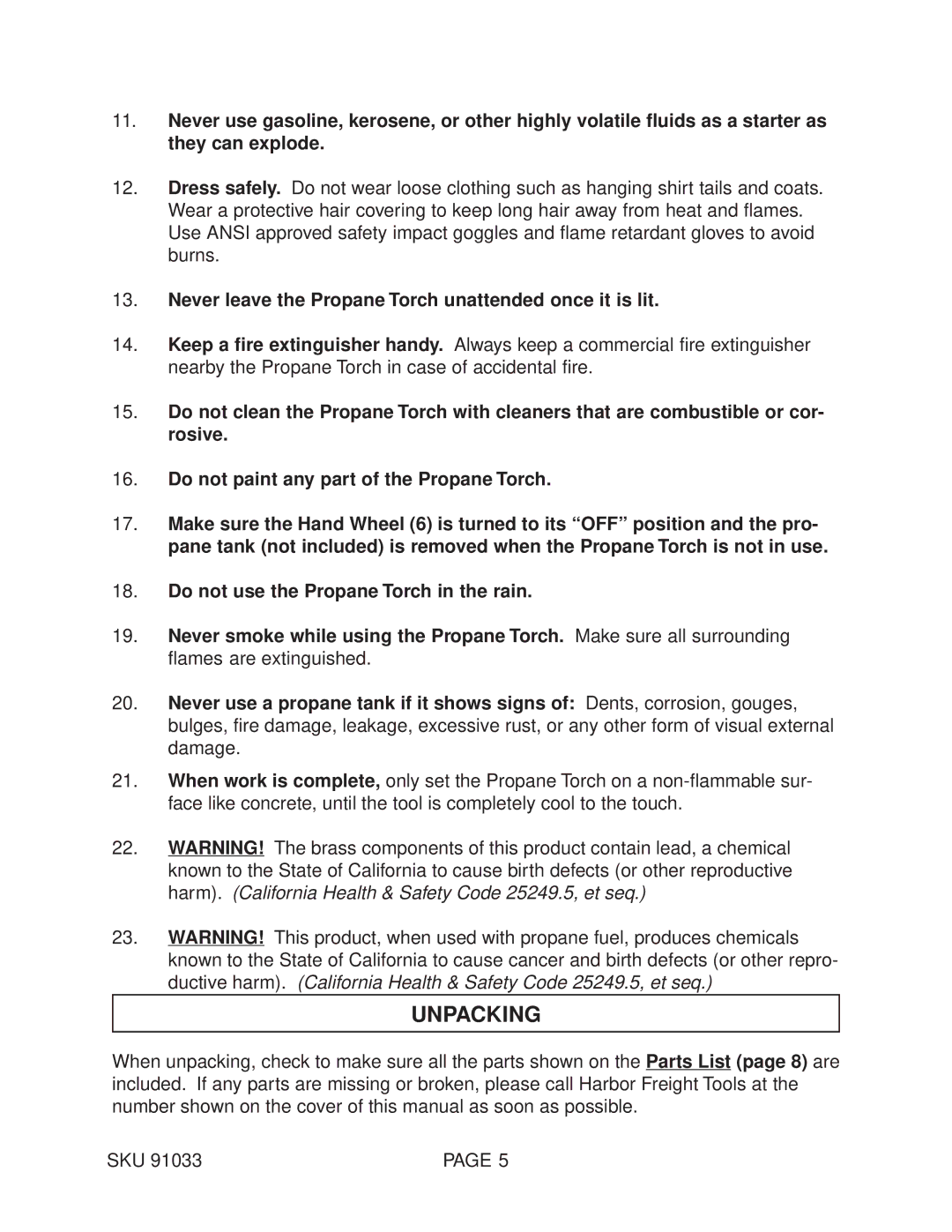 Harbor Freight Tools 91033 operating instructions Unpacking, Never leave the Propane Torch unattended once it is lit 