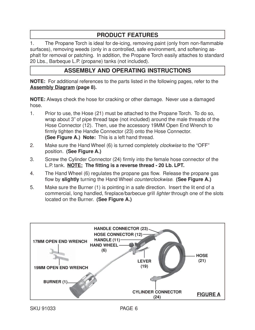 Harbor Freight Tools 91033 operating instructions Product Features, Assembly and Operating Instructions, Assembly Diagram 