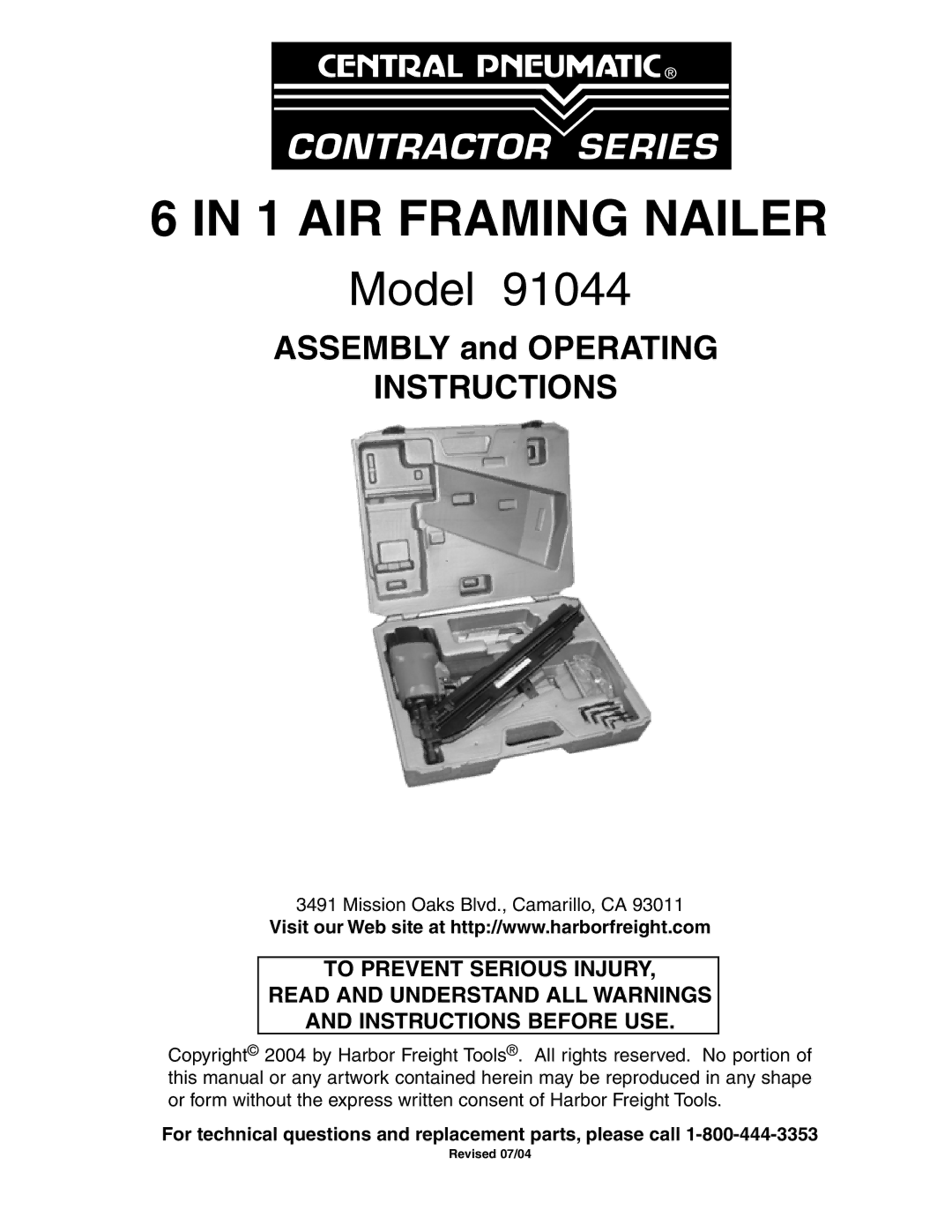 Harbor Freight Tools 91044 operating instructions AIR Framing Nailer 