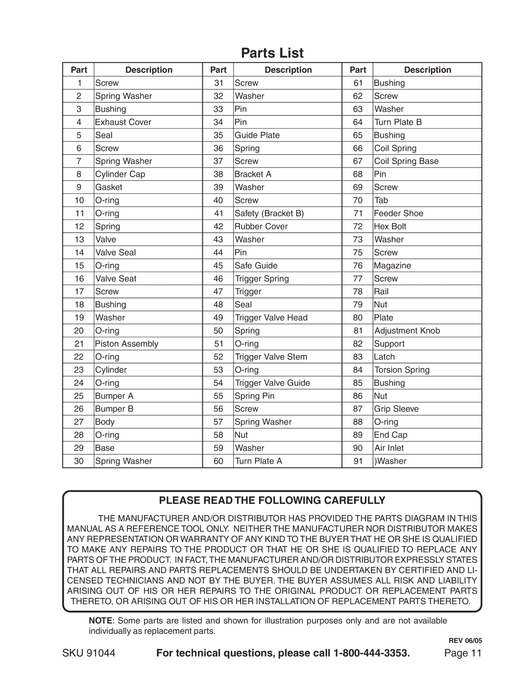 Harbor Freight Tools 91044 operating instructions Parts List, Part Description 