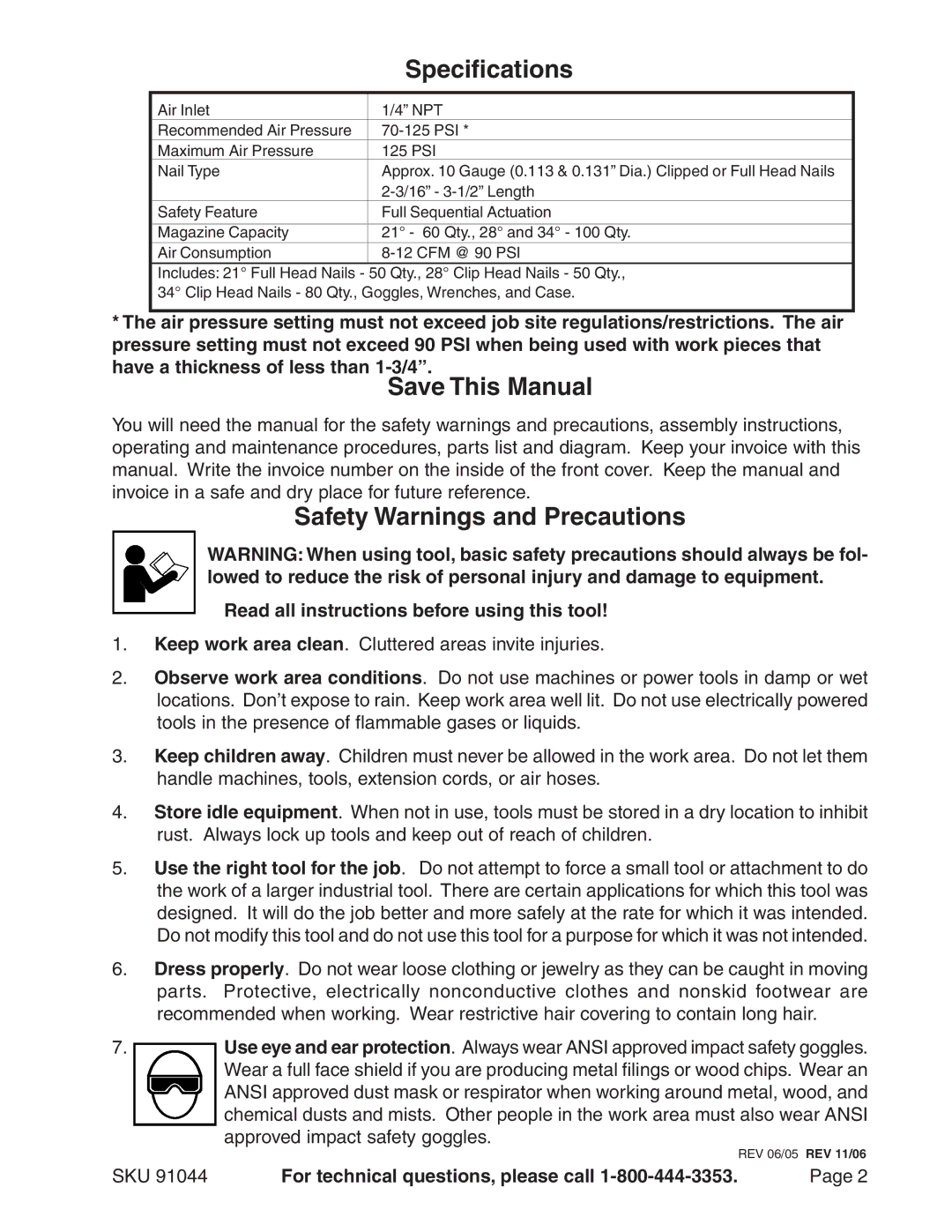 Harbor Freight Tools 91044 operating instructions Specifications, Save This Manual, Safety Warnings and Precautions 