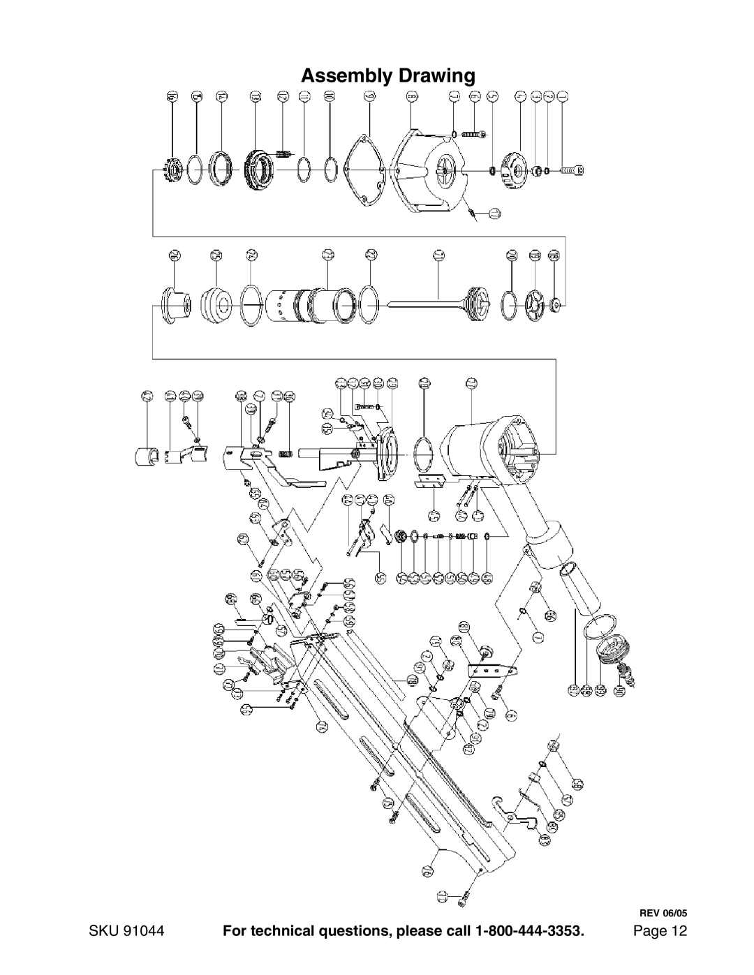 Harbor Freight Tools 91044 operating instructions Assembly Drawing, For technical questions, please call, REV 06/05 