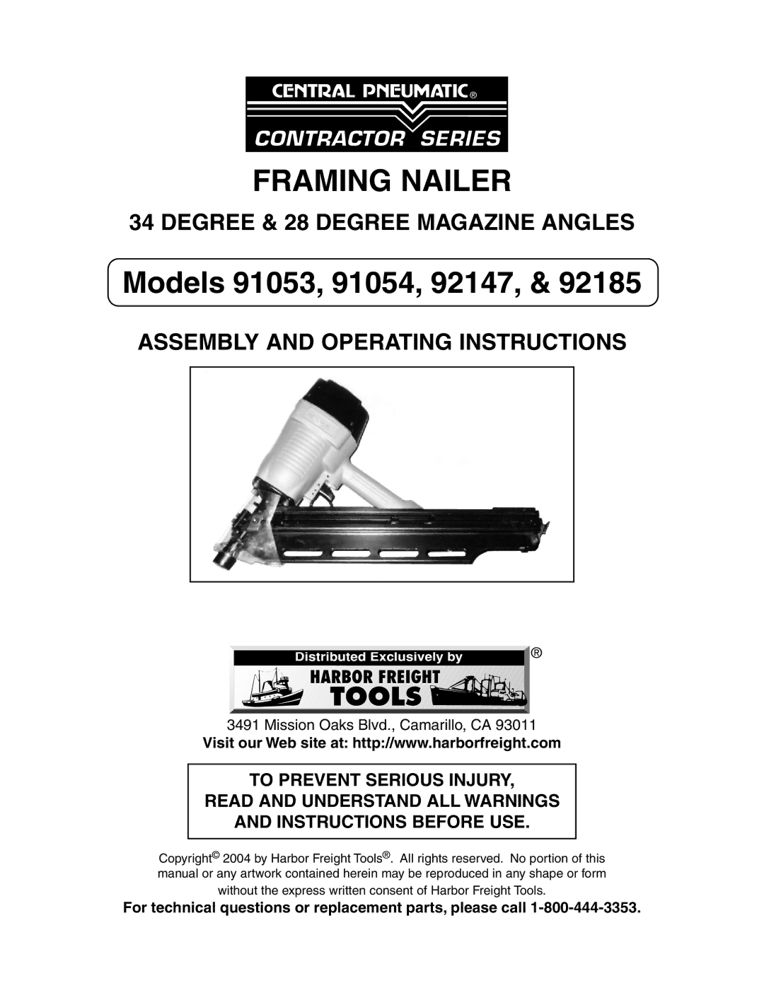 Harbor Freight Tools 92147, 91054, 91053, 92185 operating instructions Framing Nailer 