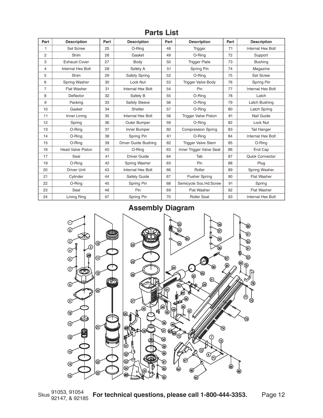 Harbor Freight Tools 91054, 92147, 91053, 92185 operating instructions Parts List, Assembly Diagram 