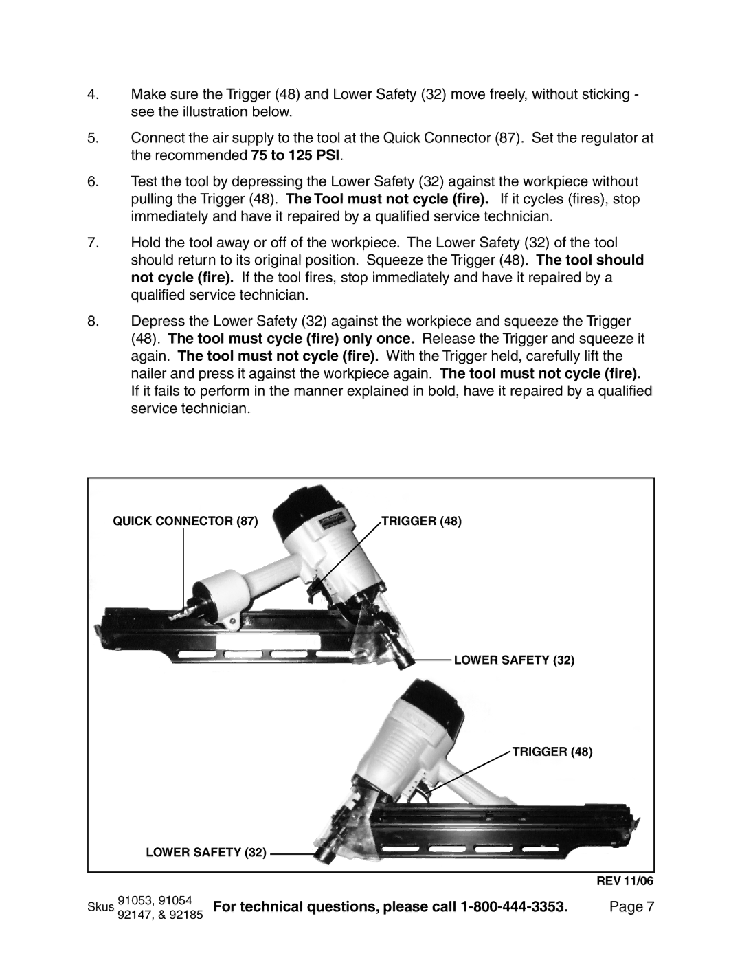 Harbor Freight Tools 92185, 91054, 92147, 91053 operating instructions Quick Connector Trigger Lower Safety 