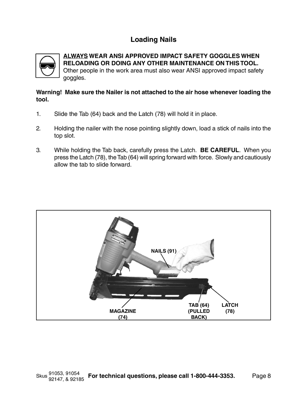 Harbor Freight Tools 91054, 92147, 91053, 92185 operating instructions Loading Nails 