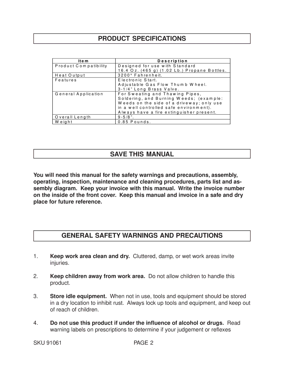 Harbor Freight Tools 91061 Product Specifications, Save this Manual, General Safety Warnings and Precautions 