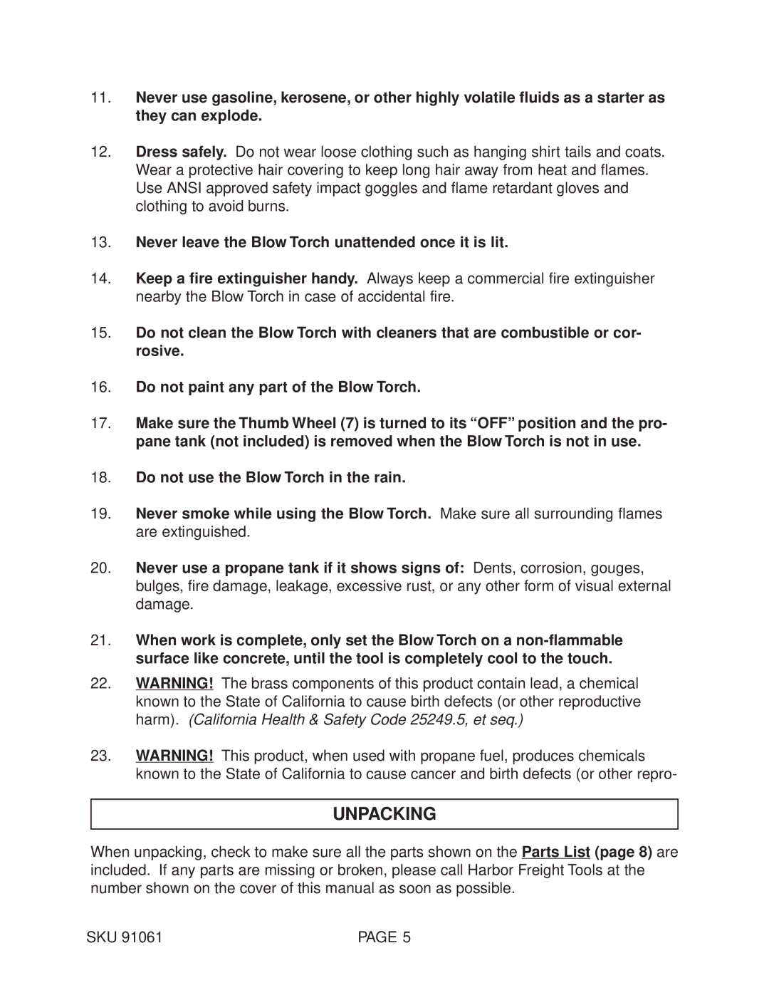 Harbor Freight Tools 91061 operating instructions Unpacking, Never leave the Blow Torch unattended once it is lit 