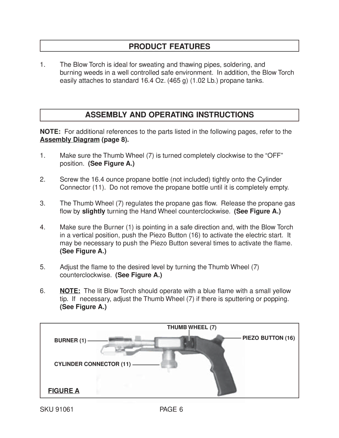 Harbor Freight Tools 91061 Product Features, Assembly and Operating Instructions, Assembly Diagram, See Figure a 