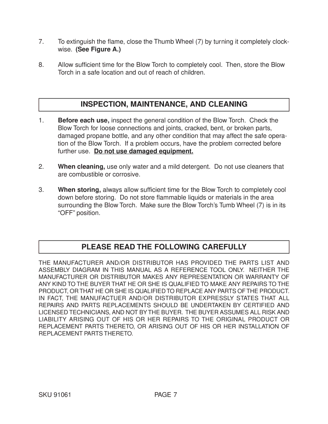 Harbor Freight Tools 91061 INSPECTION, MAINTENANCE, and Cleaning, Please Read the Following Carefully 