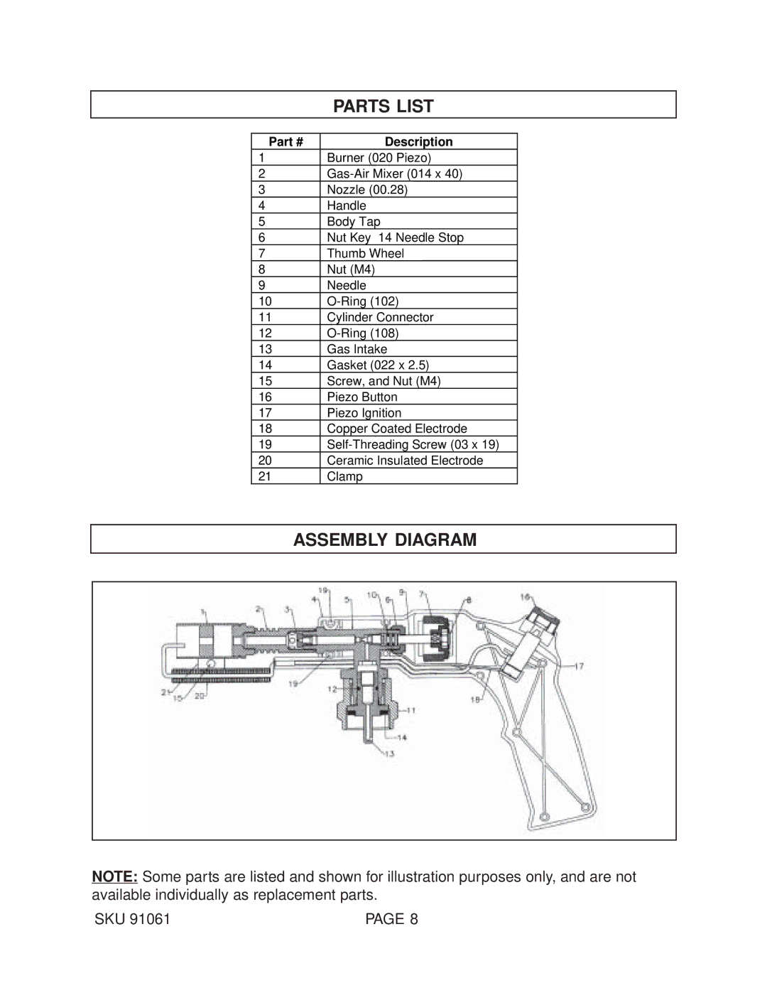 Harbor Freight Tools 91061 operating instructions Parts List, Assembly Diagram 