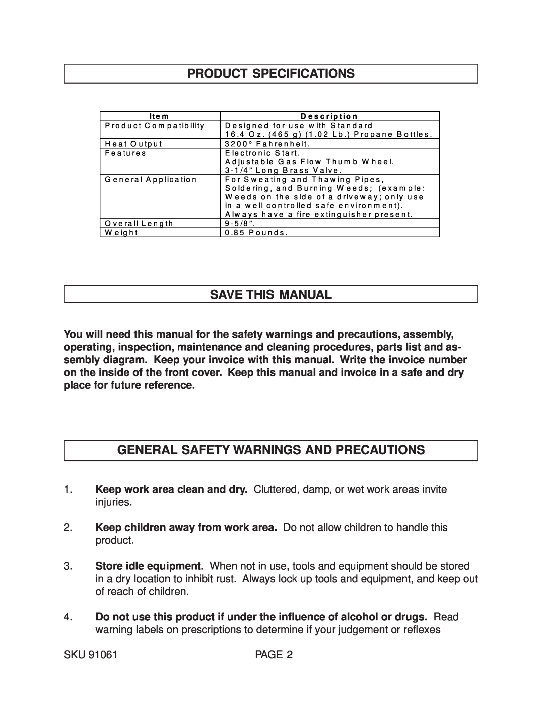 Harbor Freight Tools 91061 Product Specifications, Save This Manual, General Safety Warnings And Precautions 