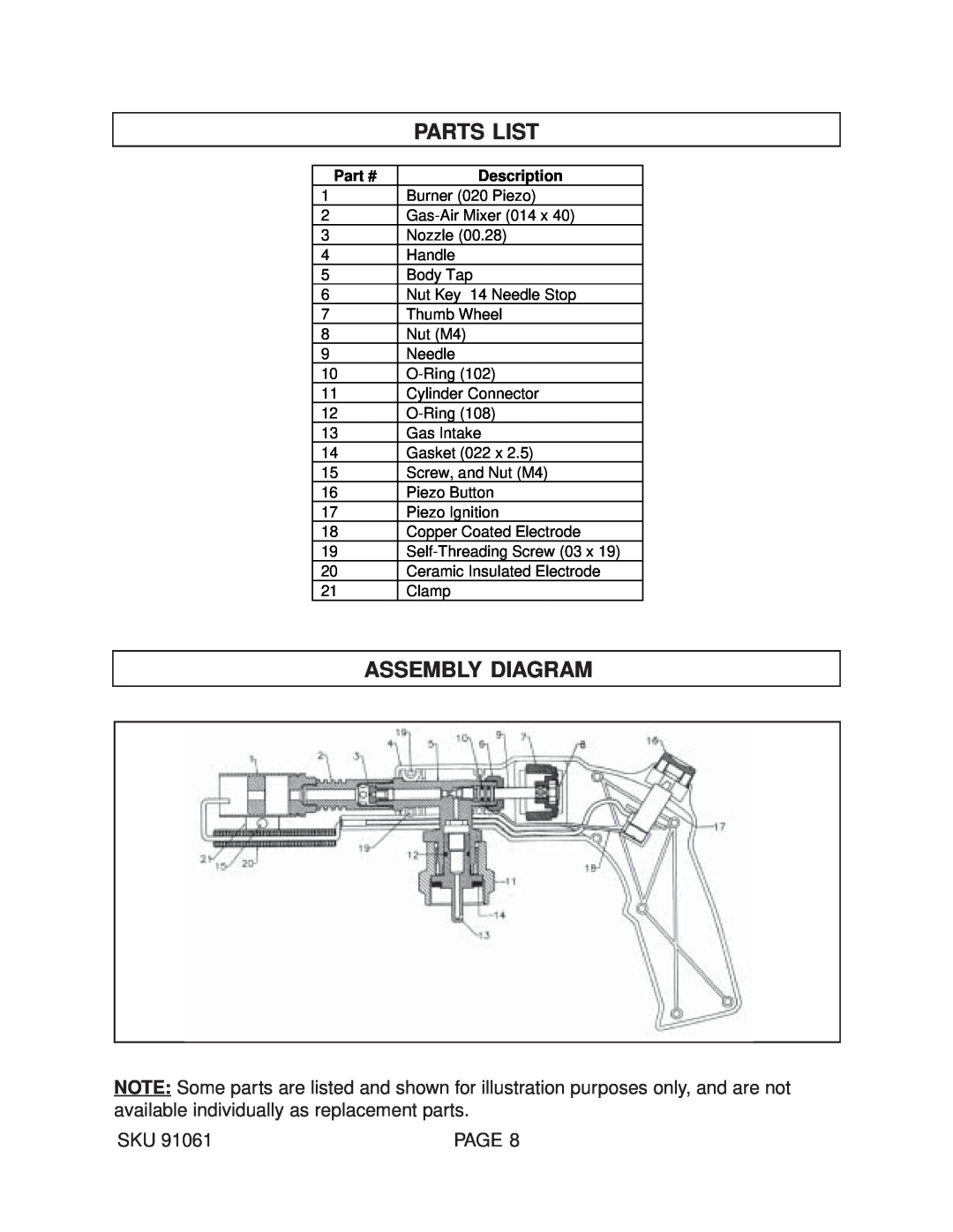 Harbor Freight Tools 91061 operating instructions Parts List, Assembly Diagram, Description 