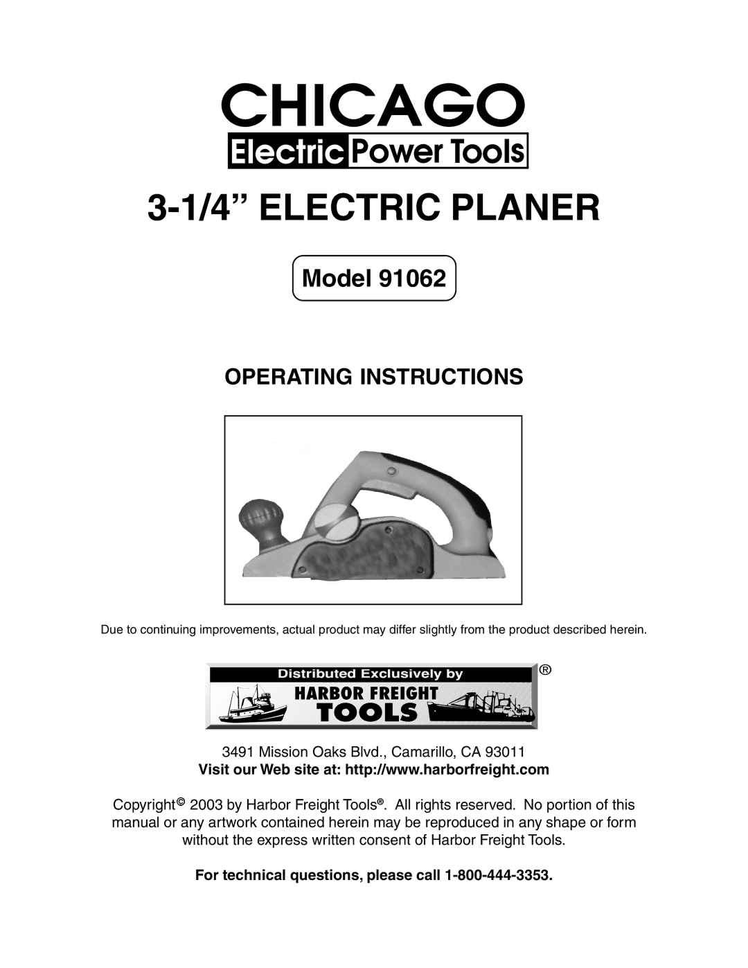 Harbor Freight Tools 91062 operating instructions Electric Planer, For technical questions, please call 