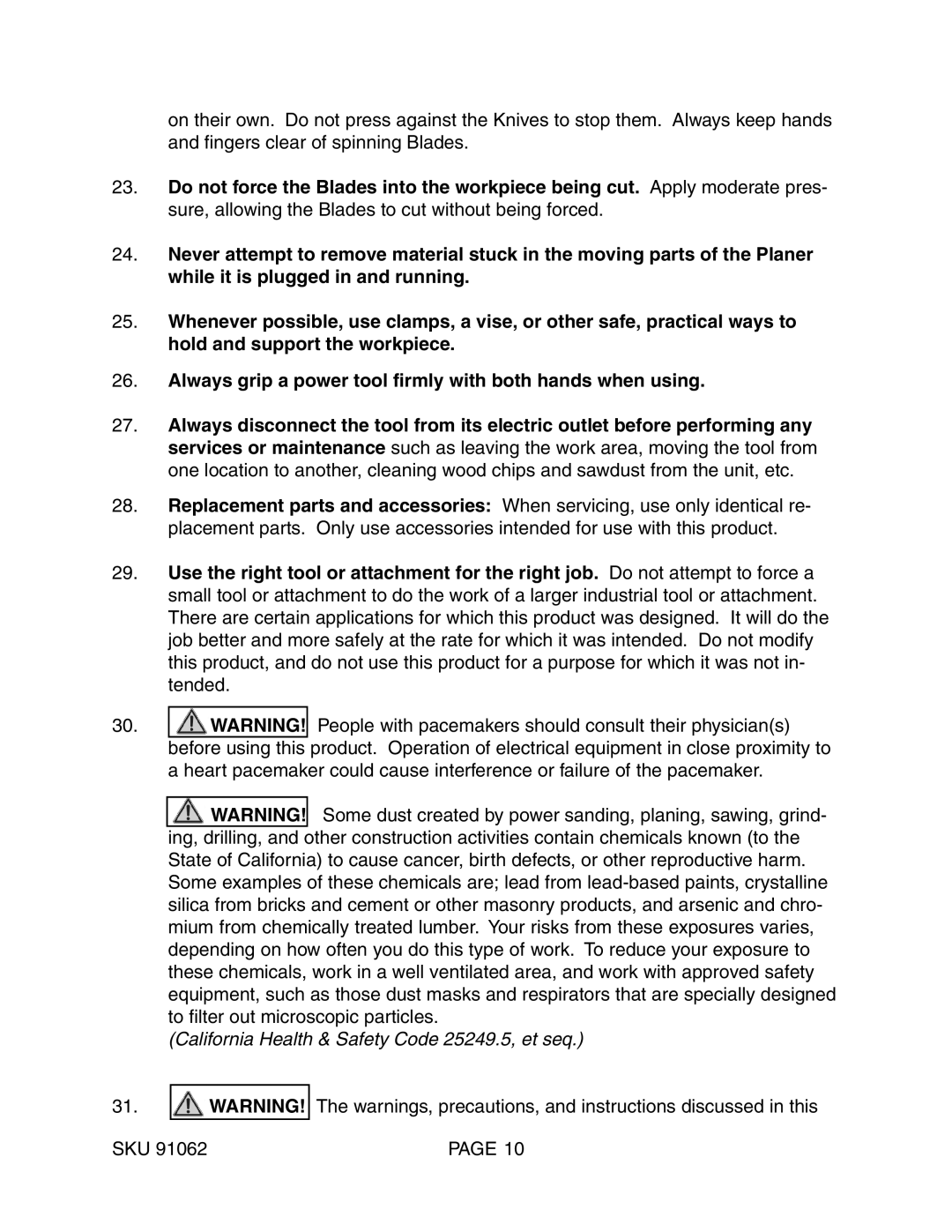 Harbor Freight Tools 91062 operating instructions California Health & Safety Code 25249.5, et seq 