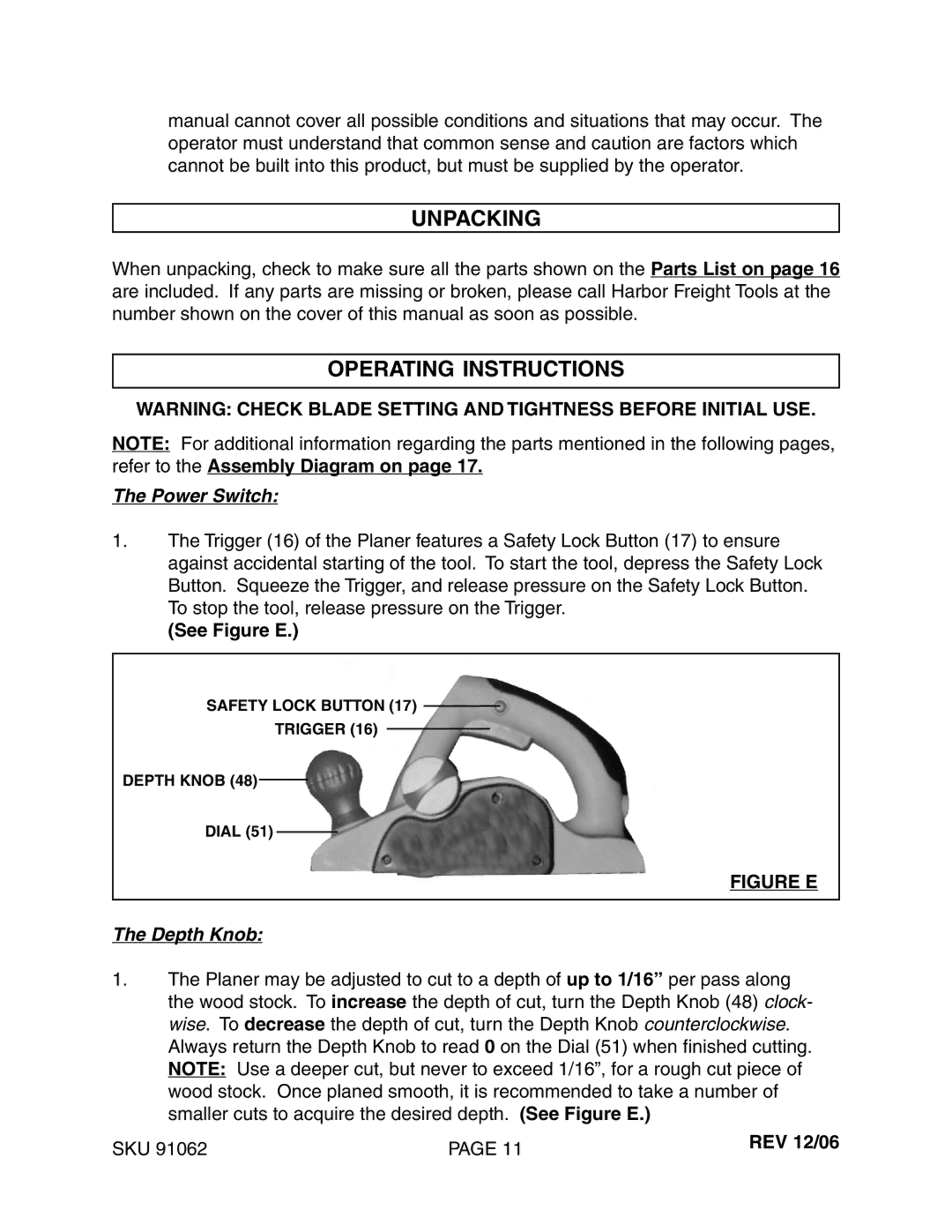 Harbor Freight Tools 91062 operating instructions Unpacking, Operating Instructions, See Figure E, REV 12/06 