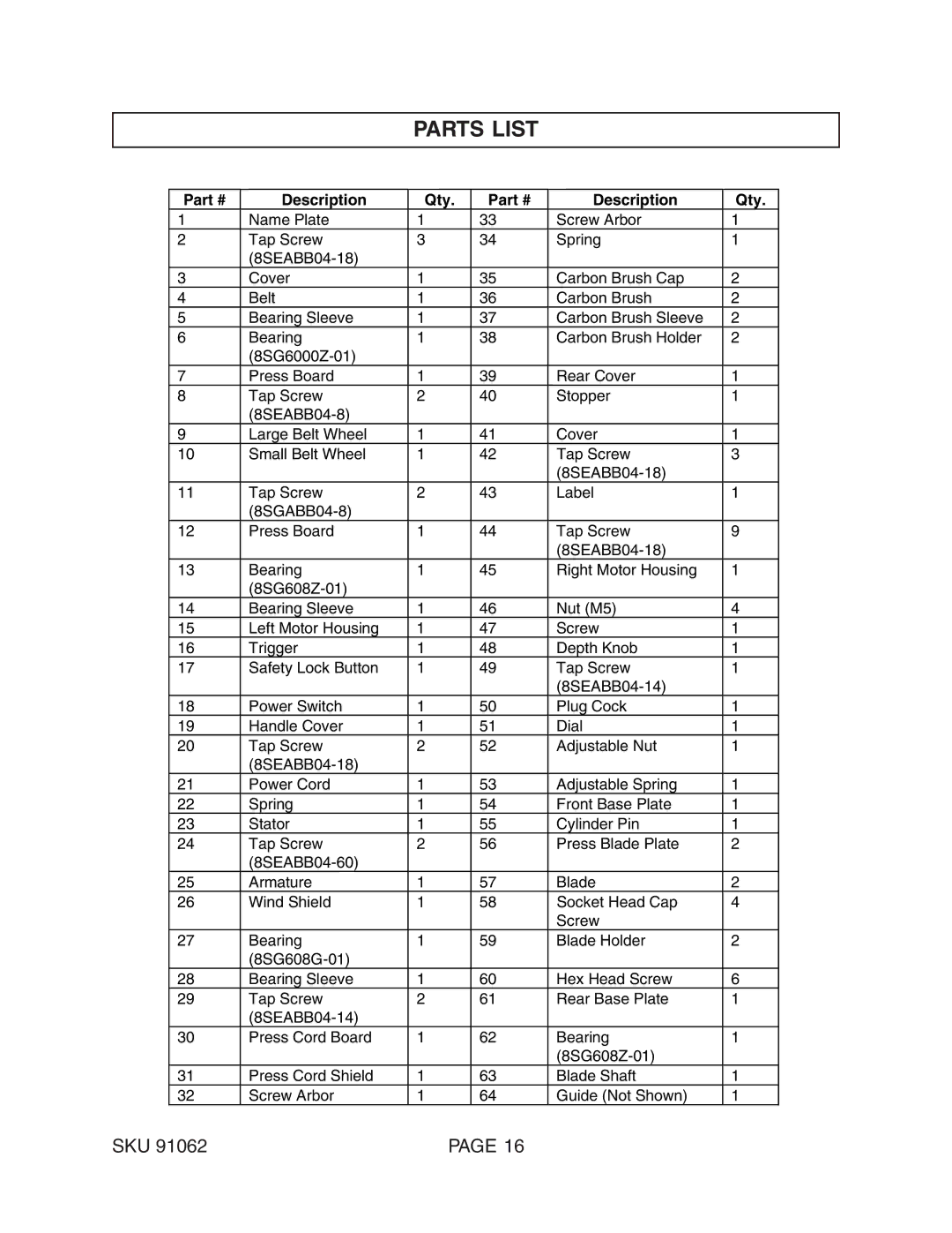 Harbor Freight Tools 91062 operating instructions Parts List, Description Qty 