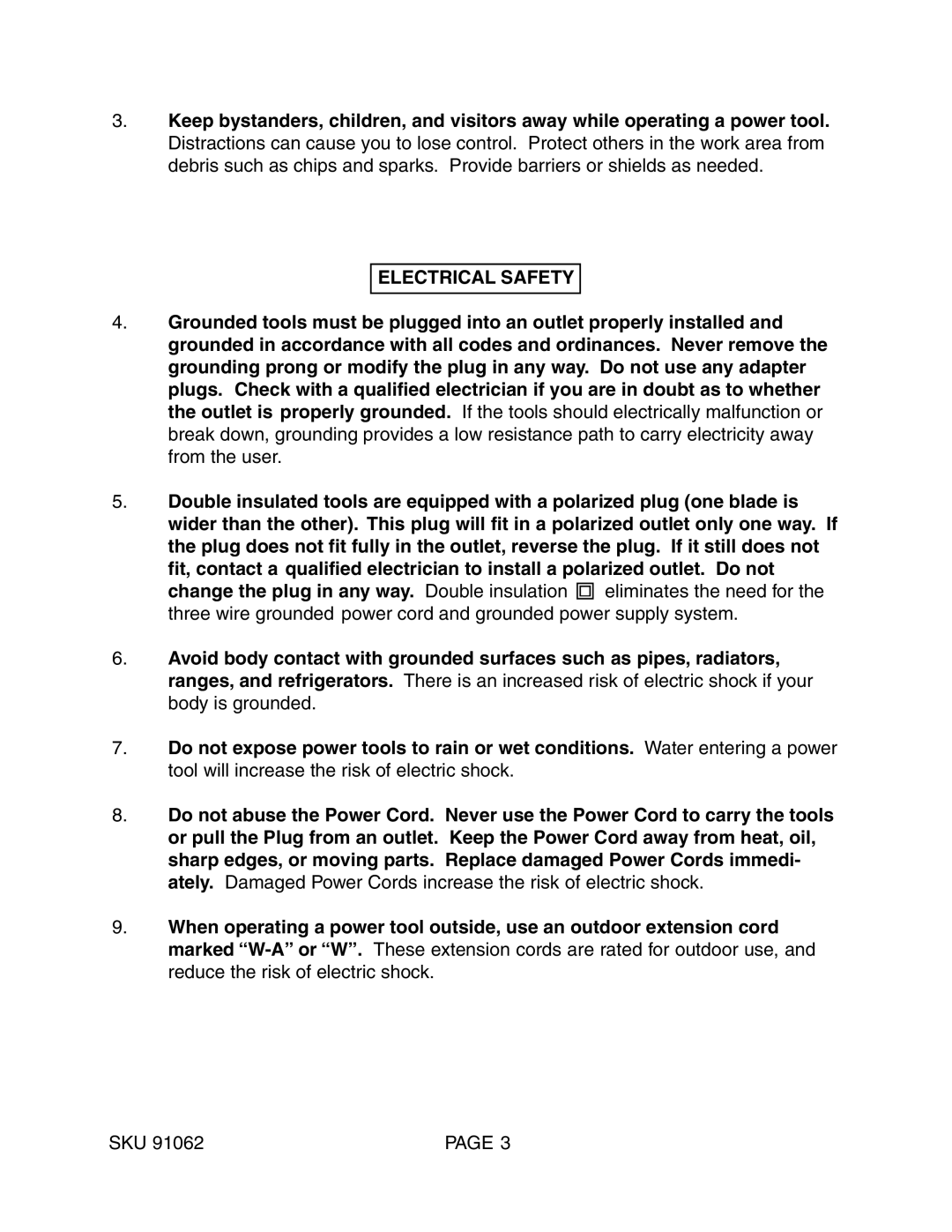 Harbor Freight Tools 91062 operating instructions Electrical Safety 