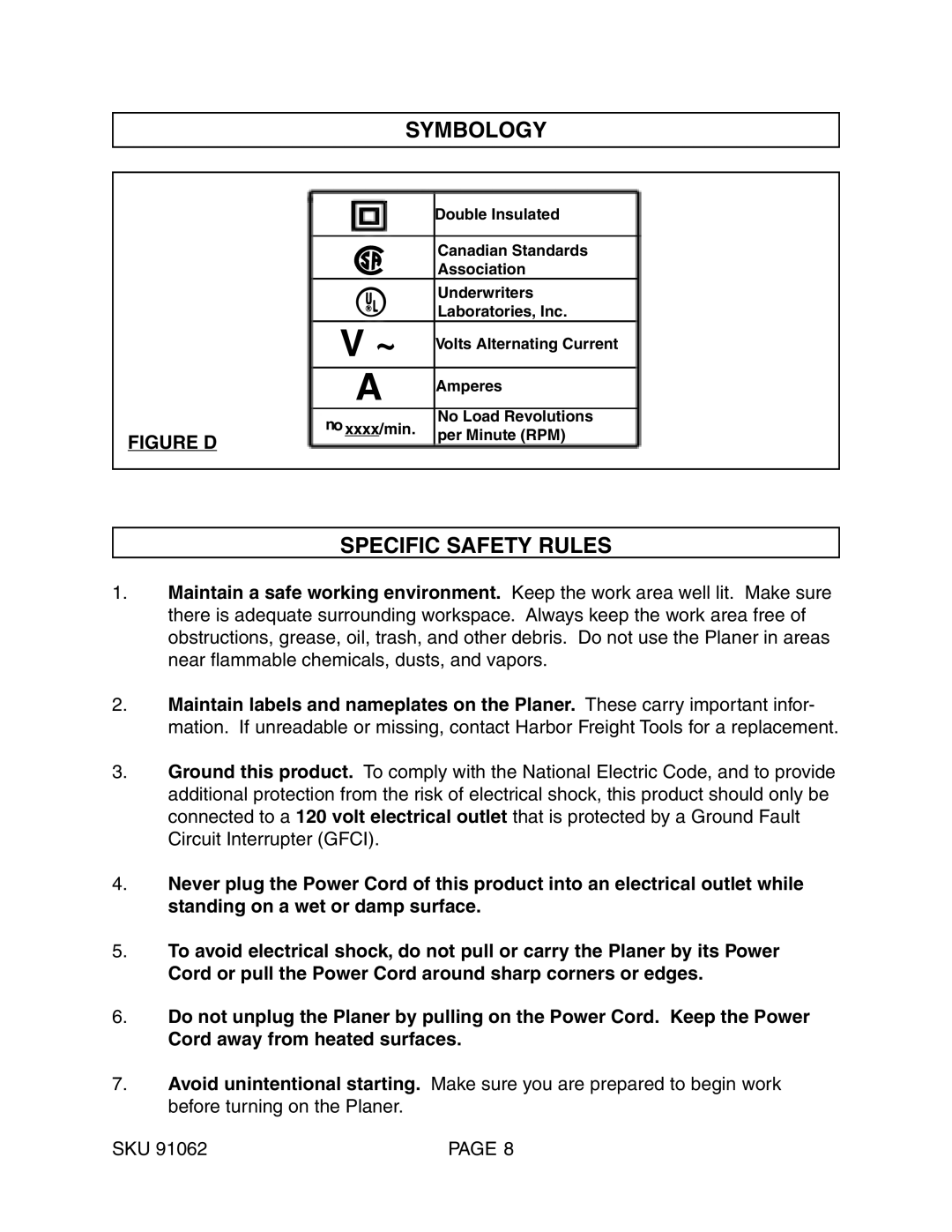 Harbor Freight Tools 91062 operating instructions Symbology, Specific Safety Rules 