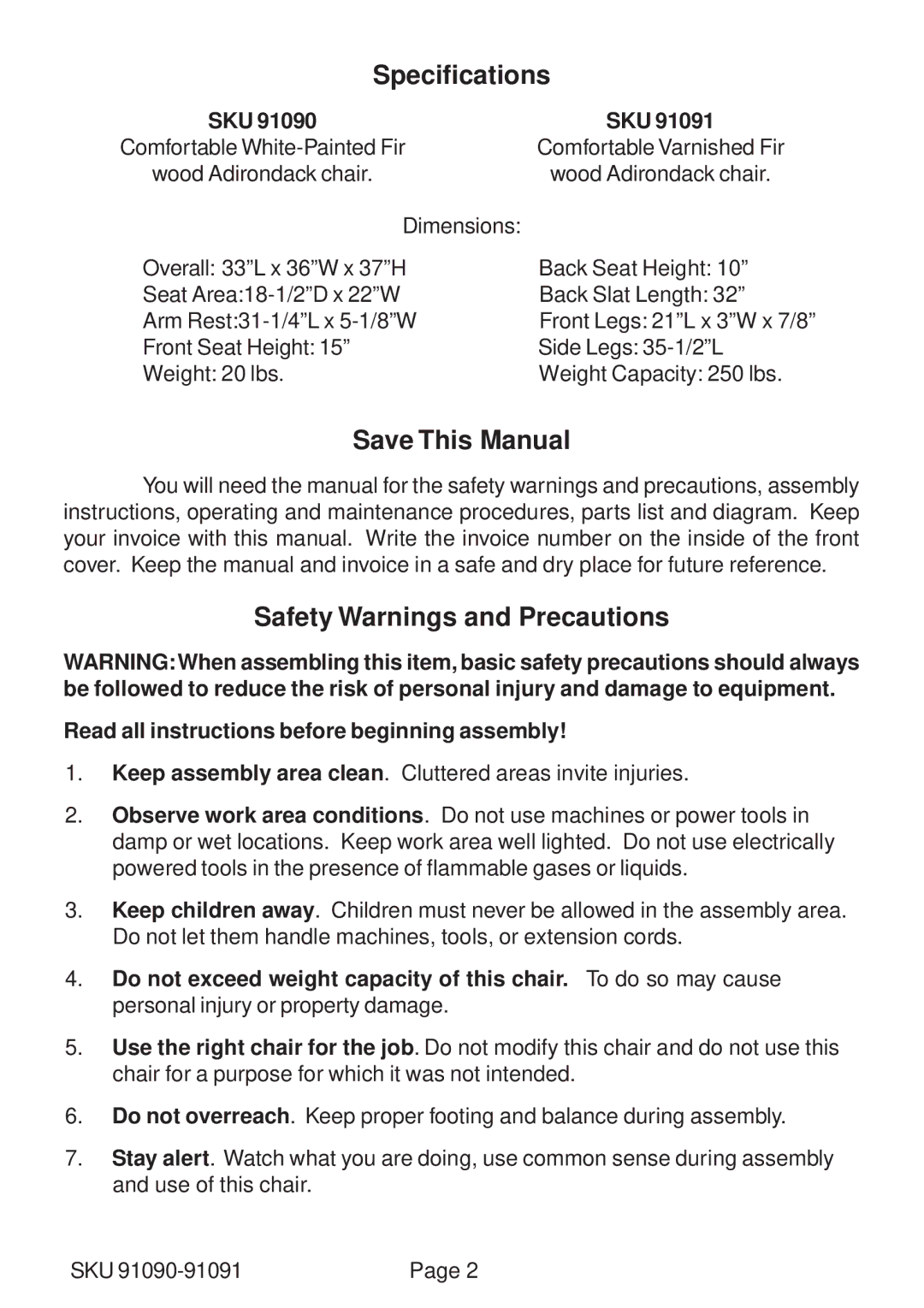 Harbor Freight Tools 91091, 91090 Specifications, Save This Manual, Safety Warnings and Precautions, Sku 