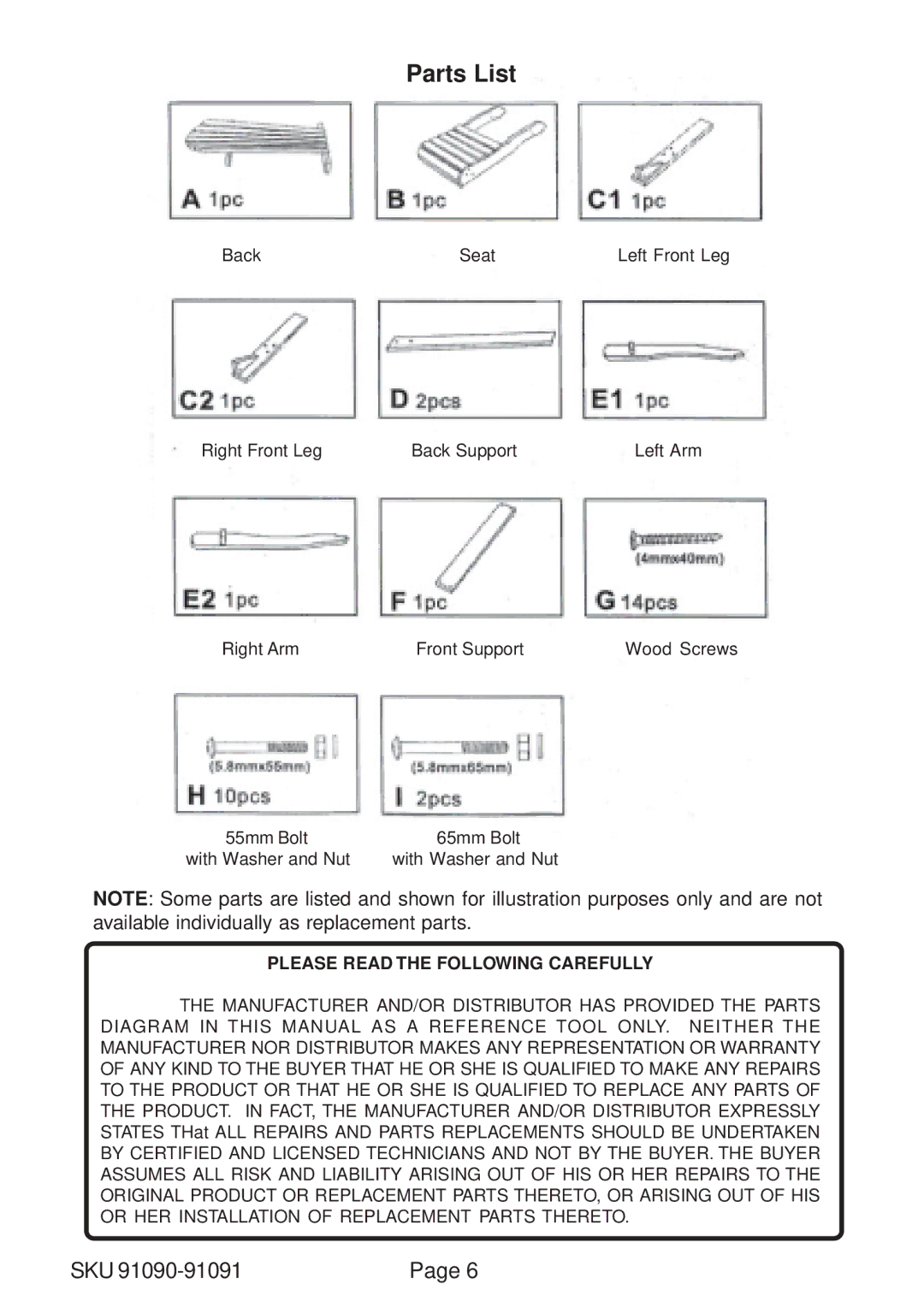 Harbor Freight Tools 91091, 91090 operating instructions Parts List 