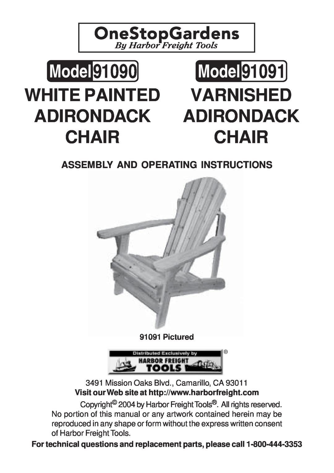 Harbor Freight Tools 91090 operating instructions Assembly And Operating Instructions, 91091, White Painted, Varnished 