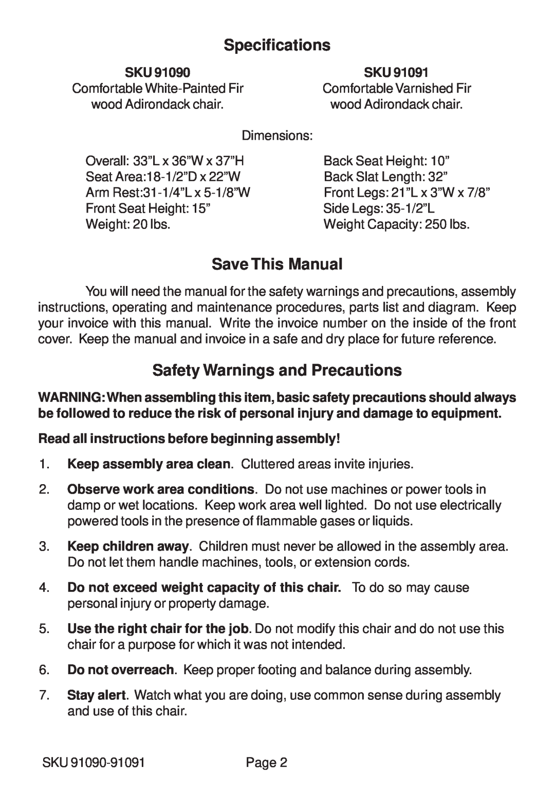 Harbor Freight Tools 91091, 91090 operating instructions Specifications, Save This Manual, Safety Warnings and Precautions 
