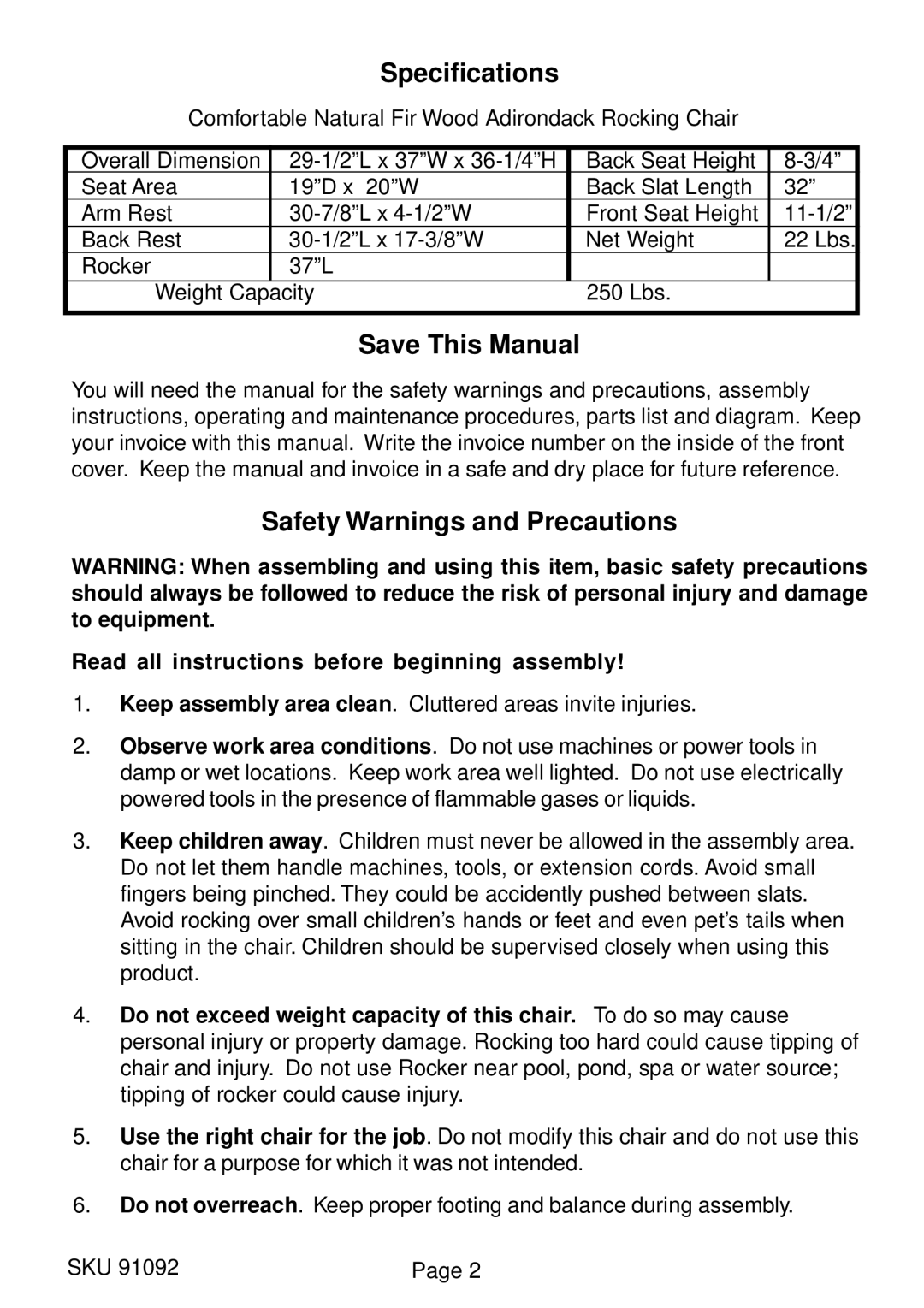 Harbor Freight Tools 91092 operating instructions Specifications, Save This Manual, Safety Warnings and Precautions 