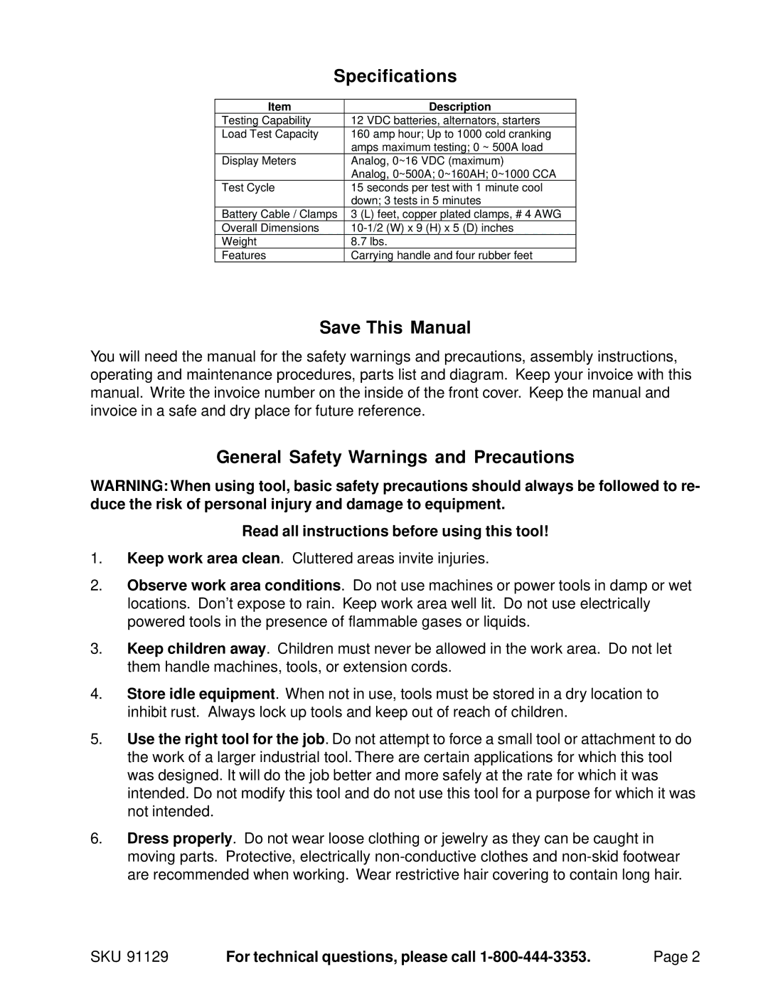 Harbor Freight Tools 91129 operating instructions Specifications, Save This Manual, General Safety Warnings and Precautions 