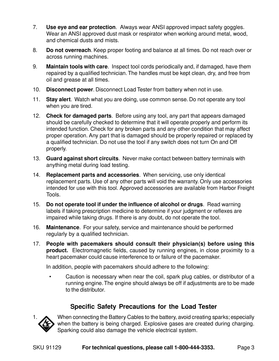 Harbor Freight Tools 91129 operating instructions Specific Safety Precautions for the Load Tester 