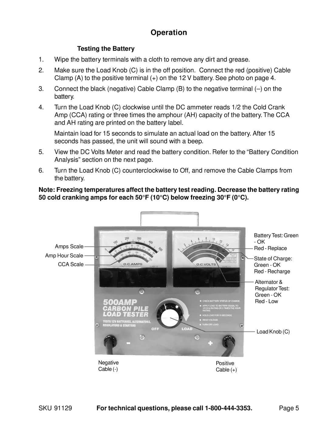 Harbor Freight Tools 91129 operating instructions Operation, Testing the Battery 