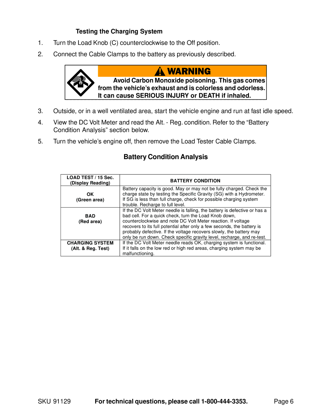 Harbor Freight Tools 91129 operating instructions Testing the Charging System 