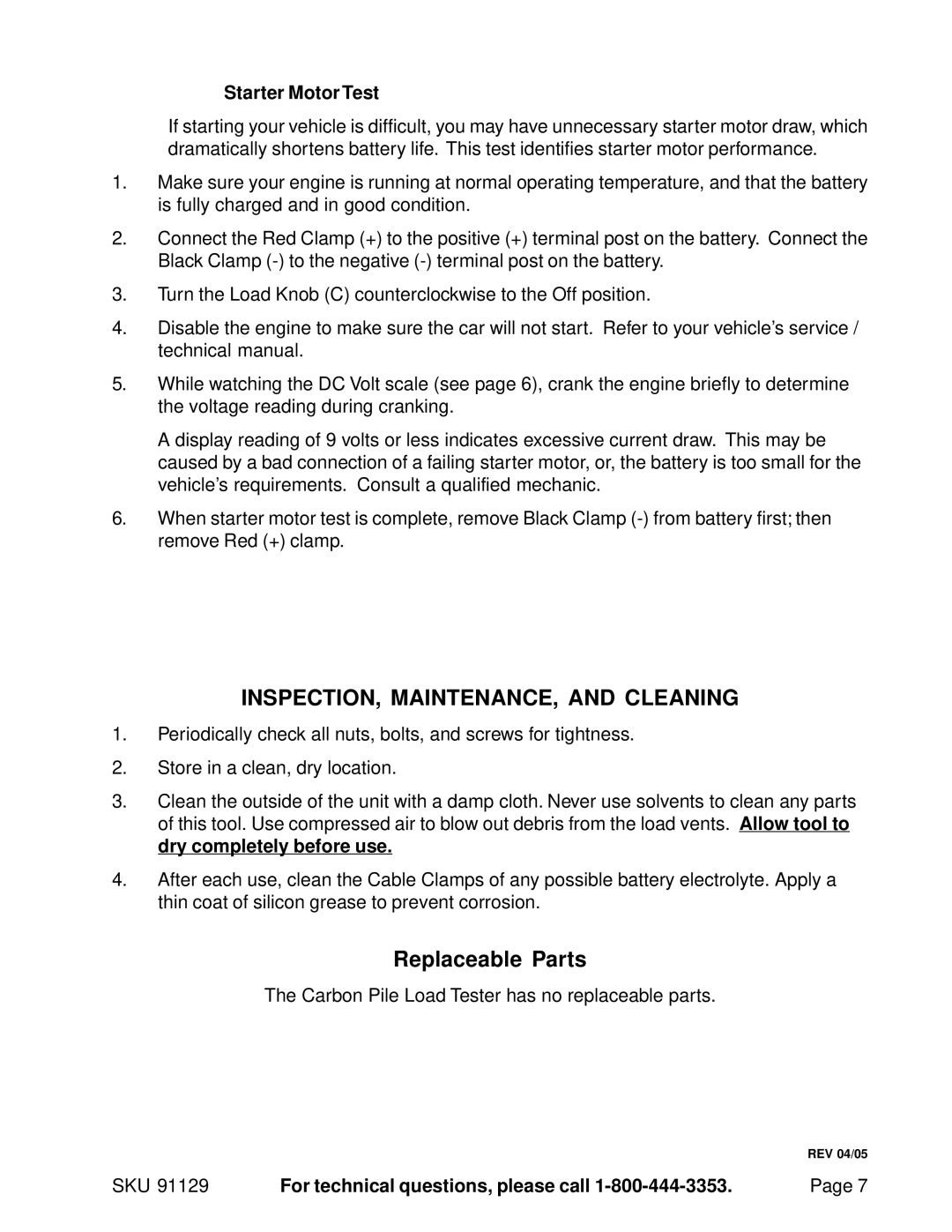 Harbor Freight Tools 91129 operating instructions Replaceable Parts, Starter Motor Test 