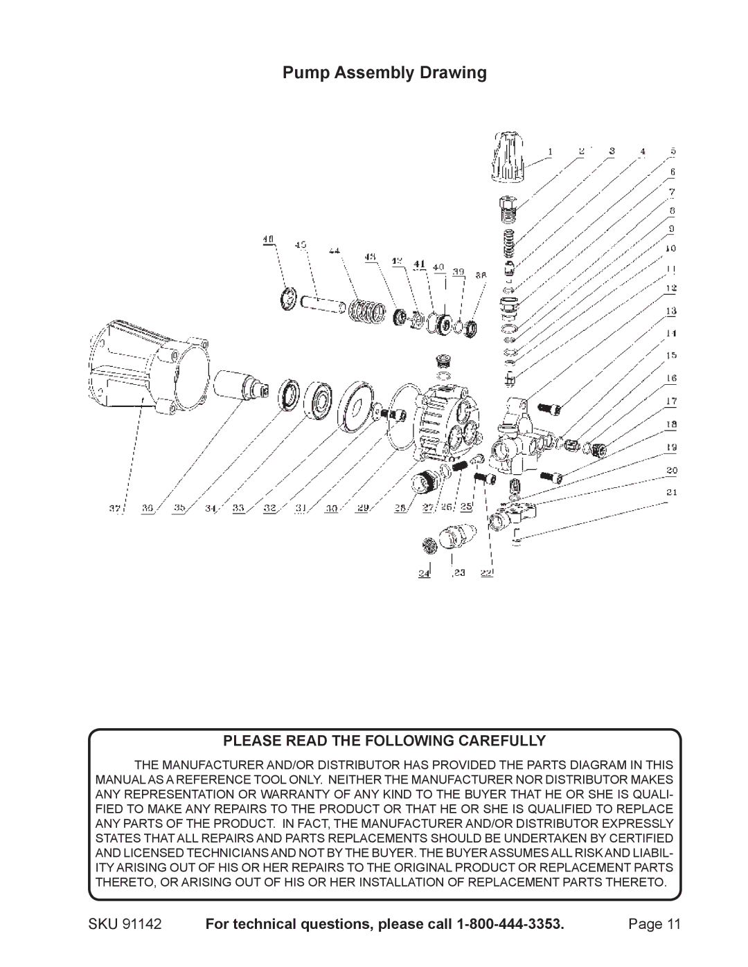 Harbor Freight Tools 91142 manual Pump Assembly Drawing, SKU For technical questions, please call 