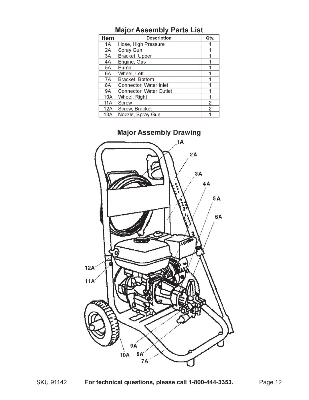 Harbor Freight Tools 91142 manual Major Assembly Parts List, Major Assembly Drawing 