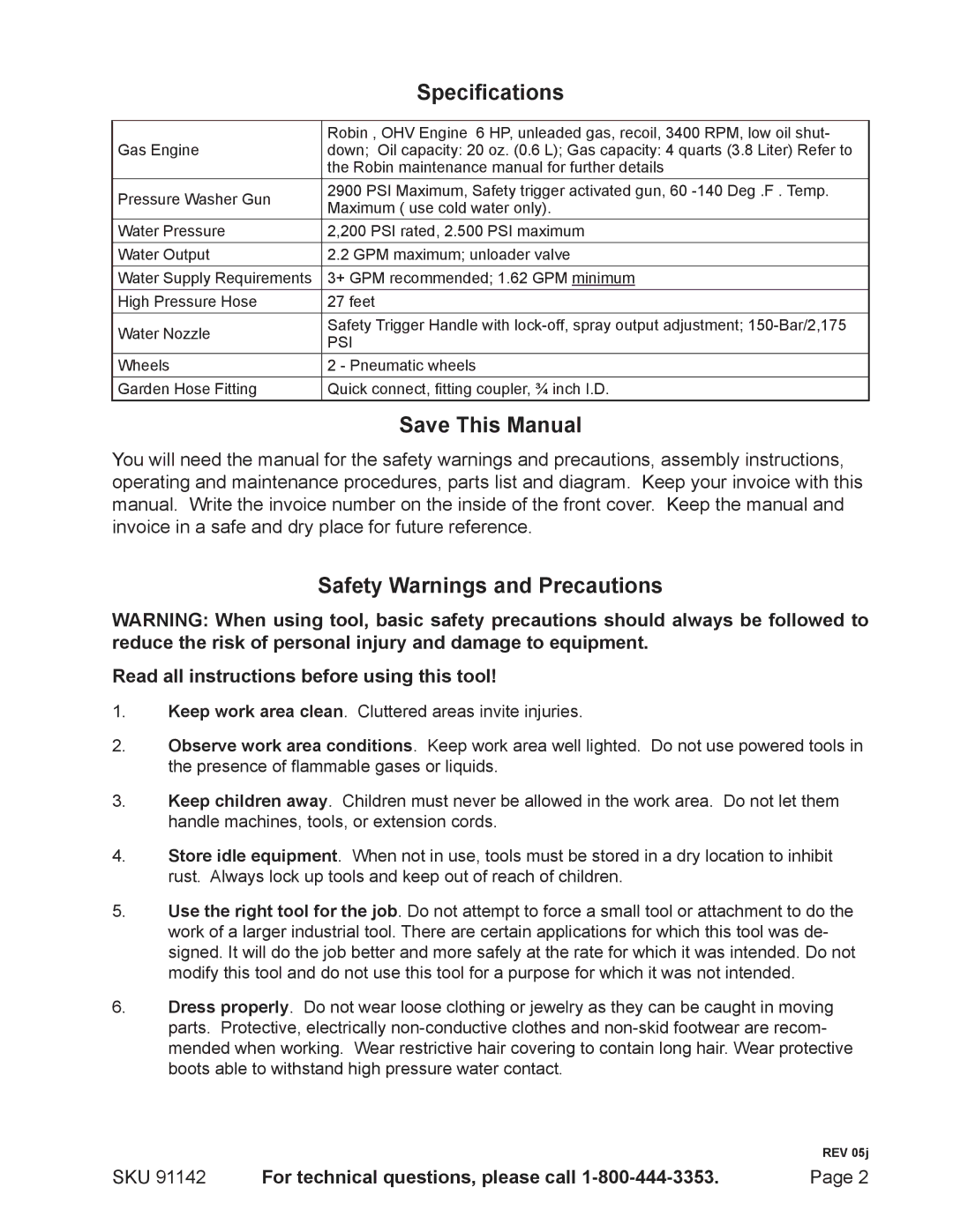 Harbor Freight Tools 91142 manual Specifications, Save This Manual, Safety Warnings and Precautions 