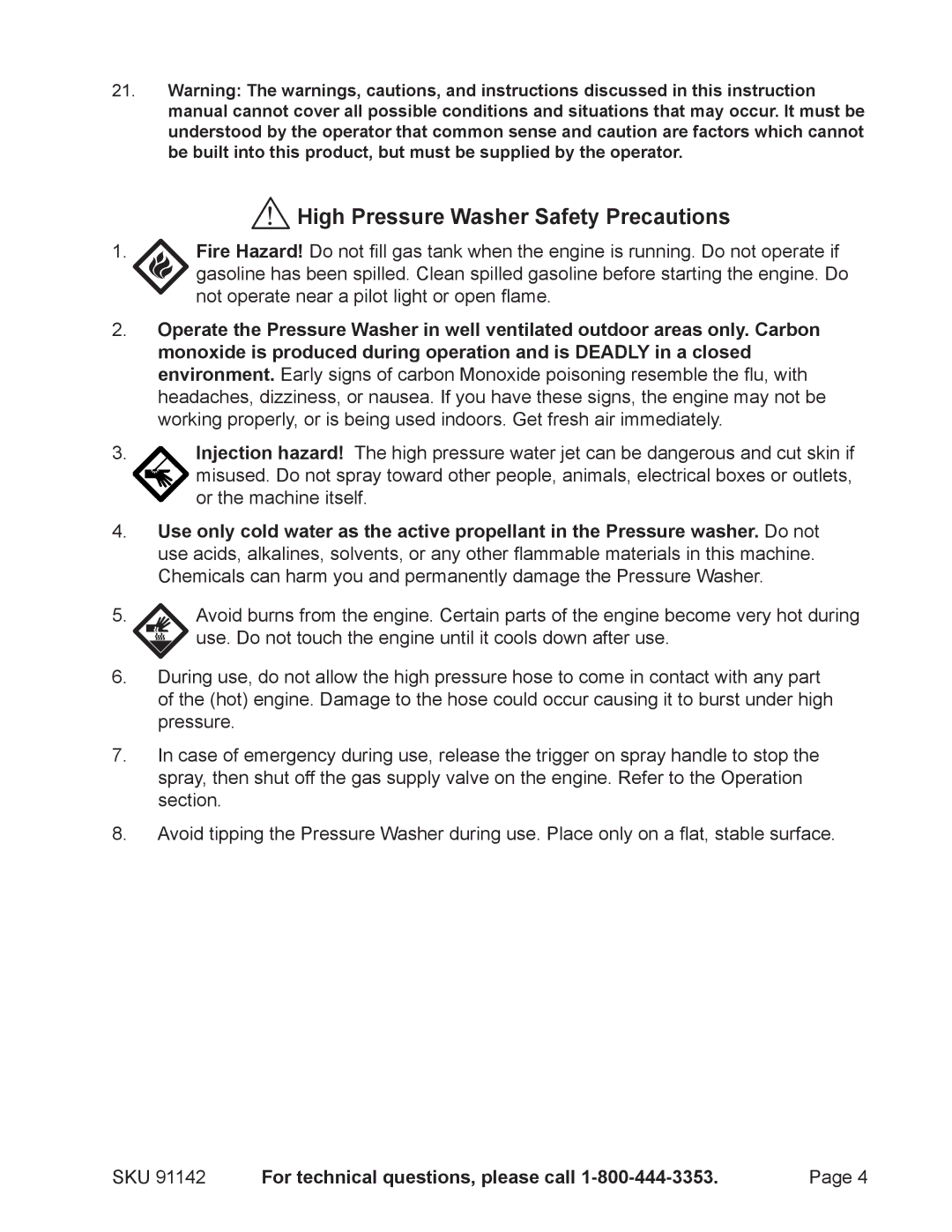 Harbor Freight Tools 91142 manual High Pressure Washer Safety Precautions 