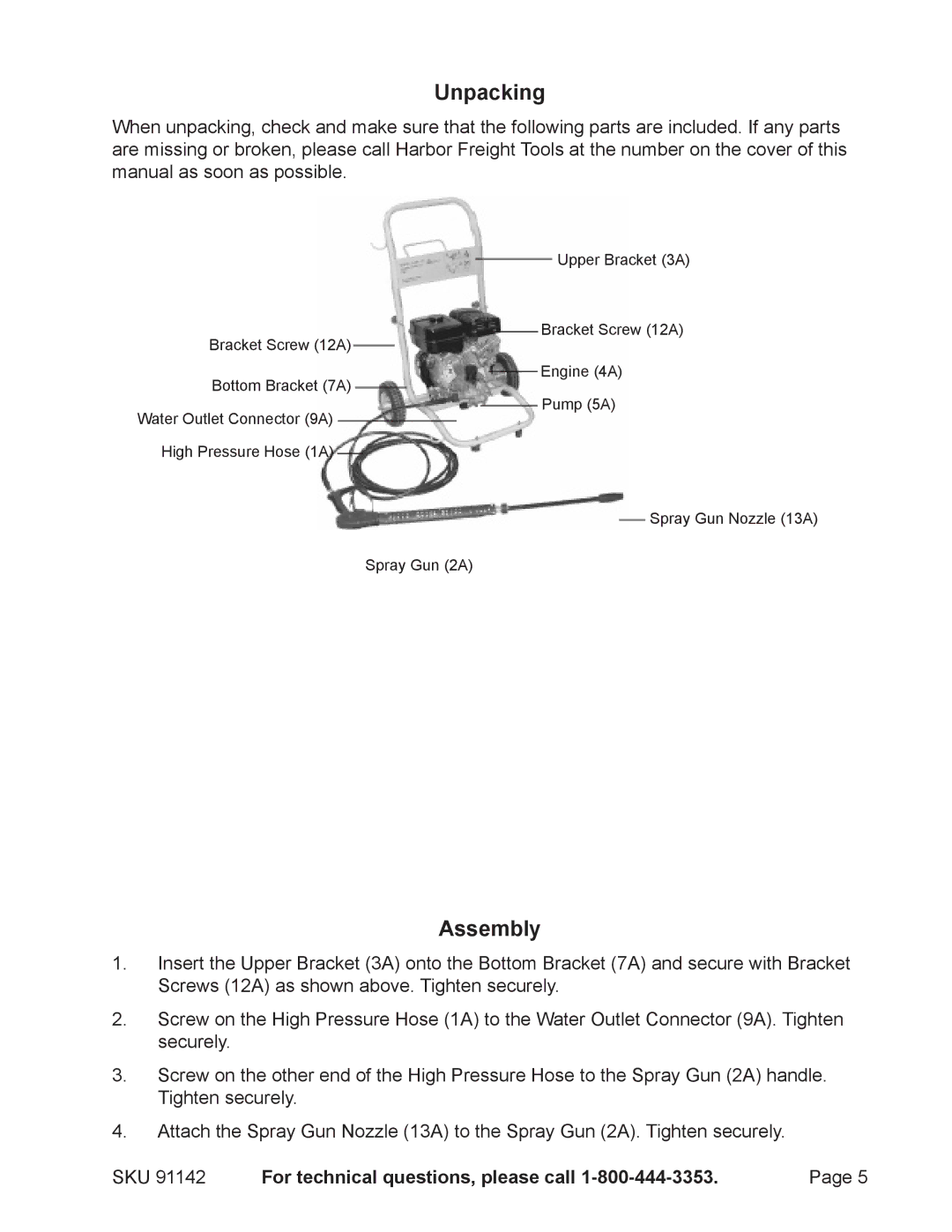 Harbor Freight Tools 91142 manual Unpacking, Assembly 