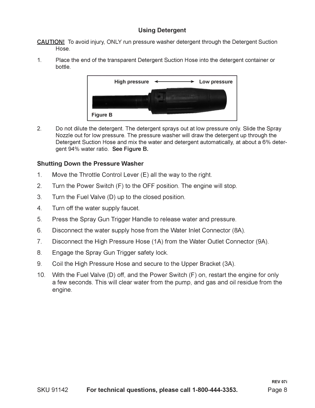 Harbor Freight Tools 91142 manual Using Detergent, Shutting Down the Pressure Washer 