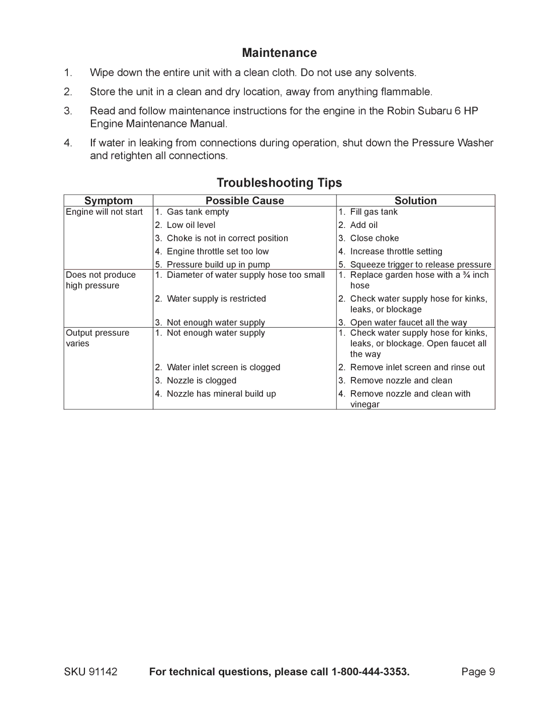 Harbor Freight Tools 91142 manual Maintenance, Troubleshooting Tips, Symptom Possible Cause Solution 