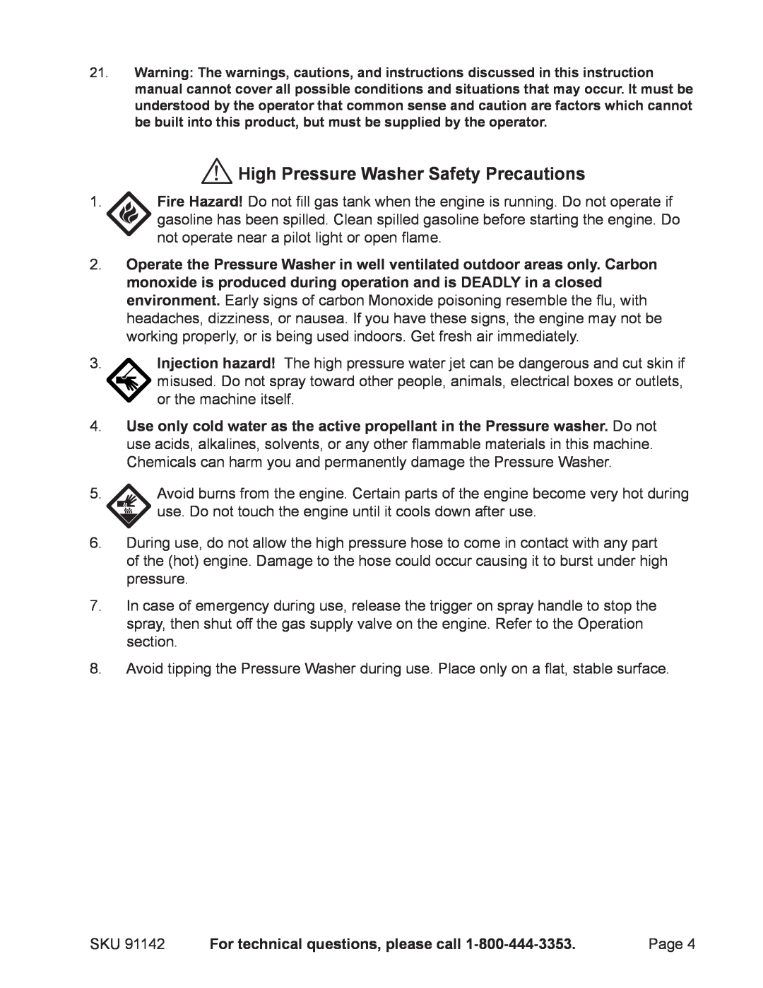 Harbor Freight Tools 91142 manual High Pressure Washer Safety Precautions, For technical questions, please call 