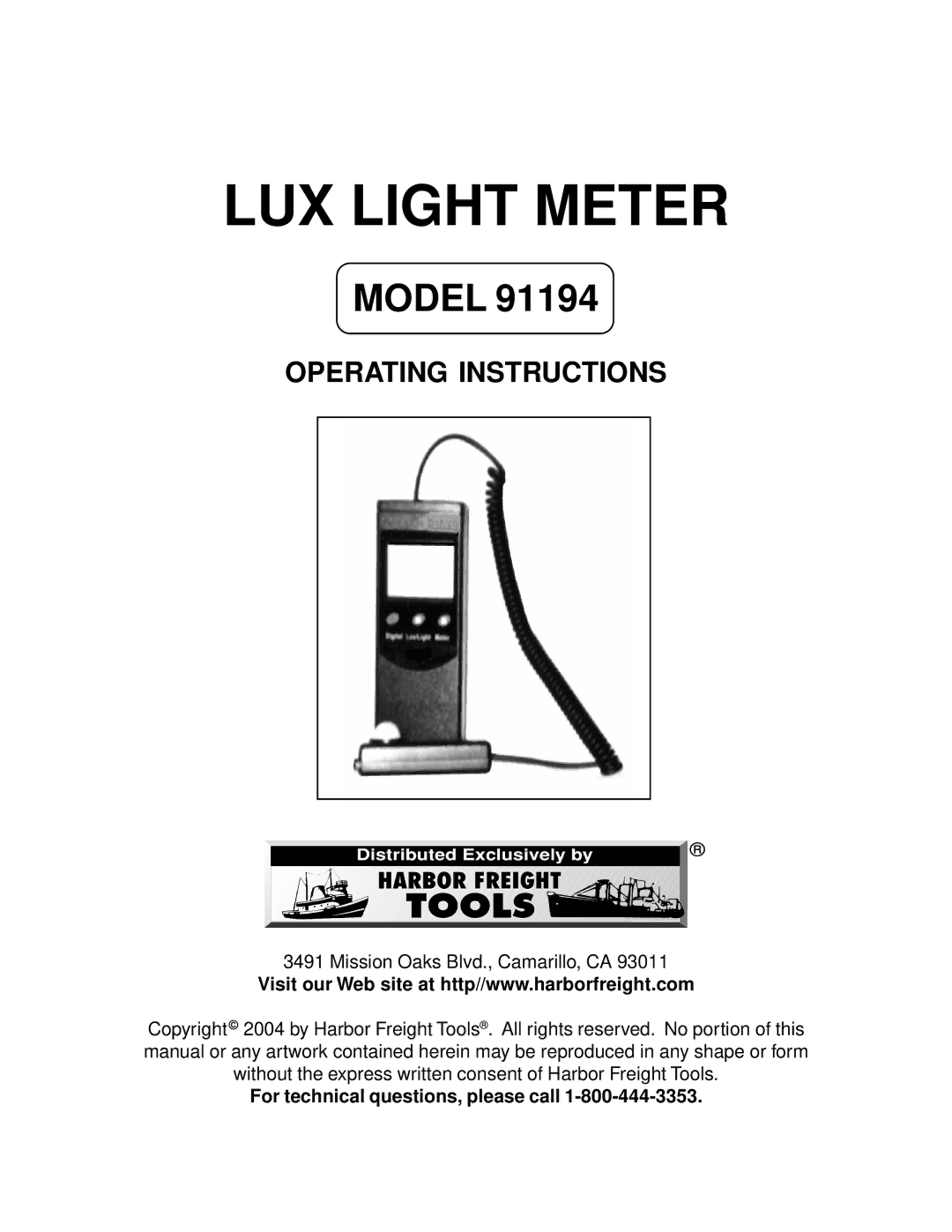 Harbor Freight Tools 91194 operating instructions LUX Light Meter 