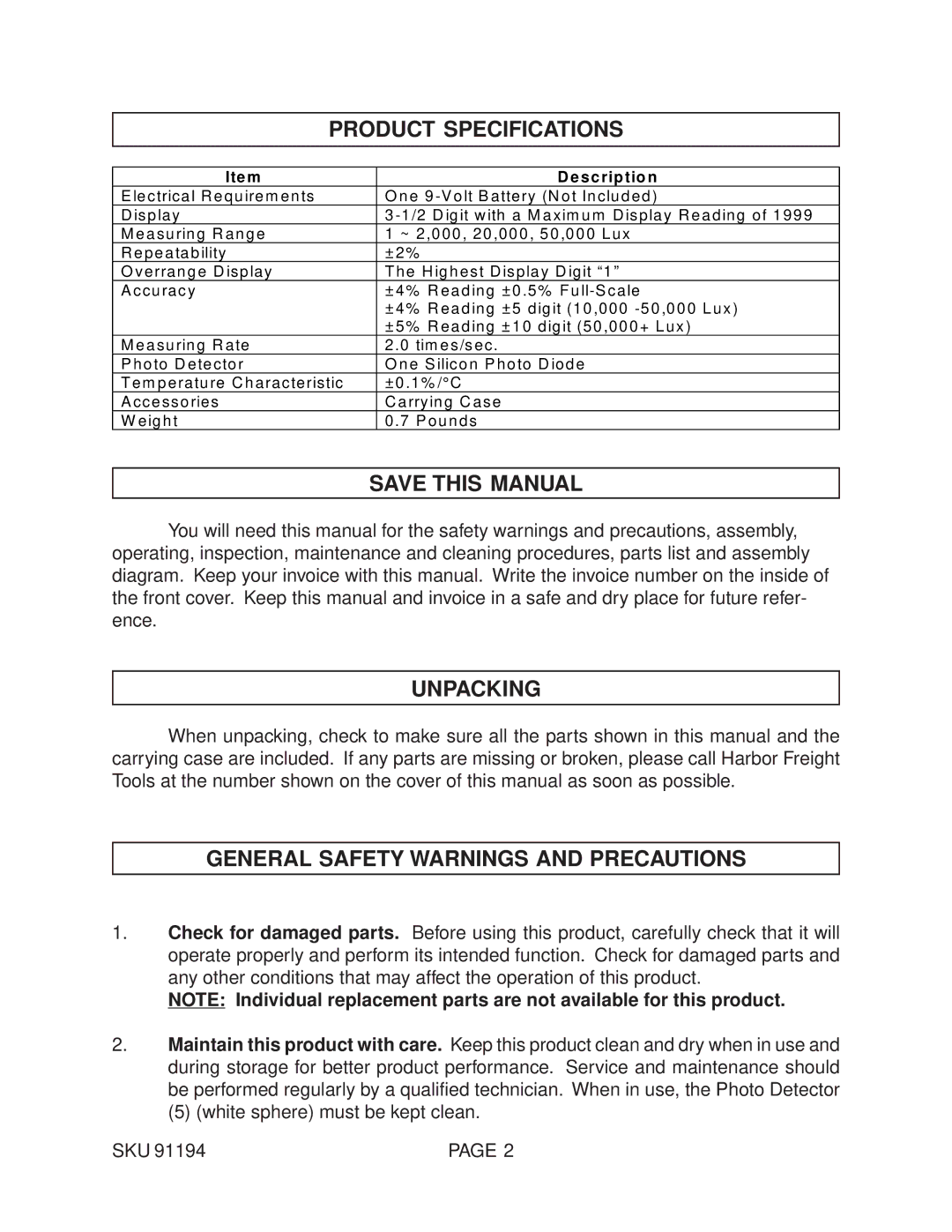 Harbor Freight Tools 91194 Product Specifications, Save this Manual, Unpacking, General Safety Warnings and Precautions 