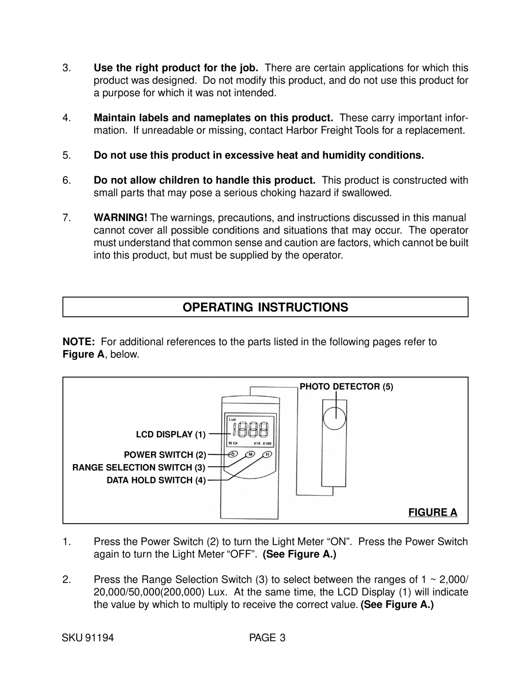 Harbor Freight Tools 91194 operating instructions Operating Instructions, Figure a 