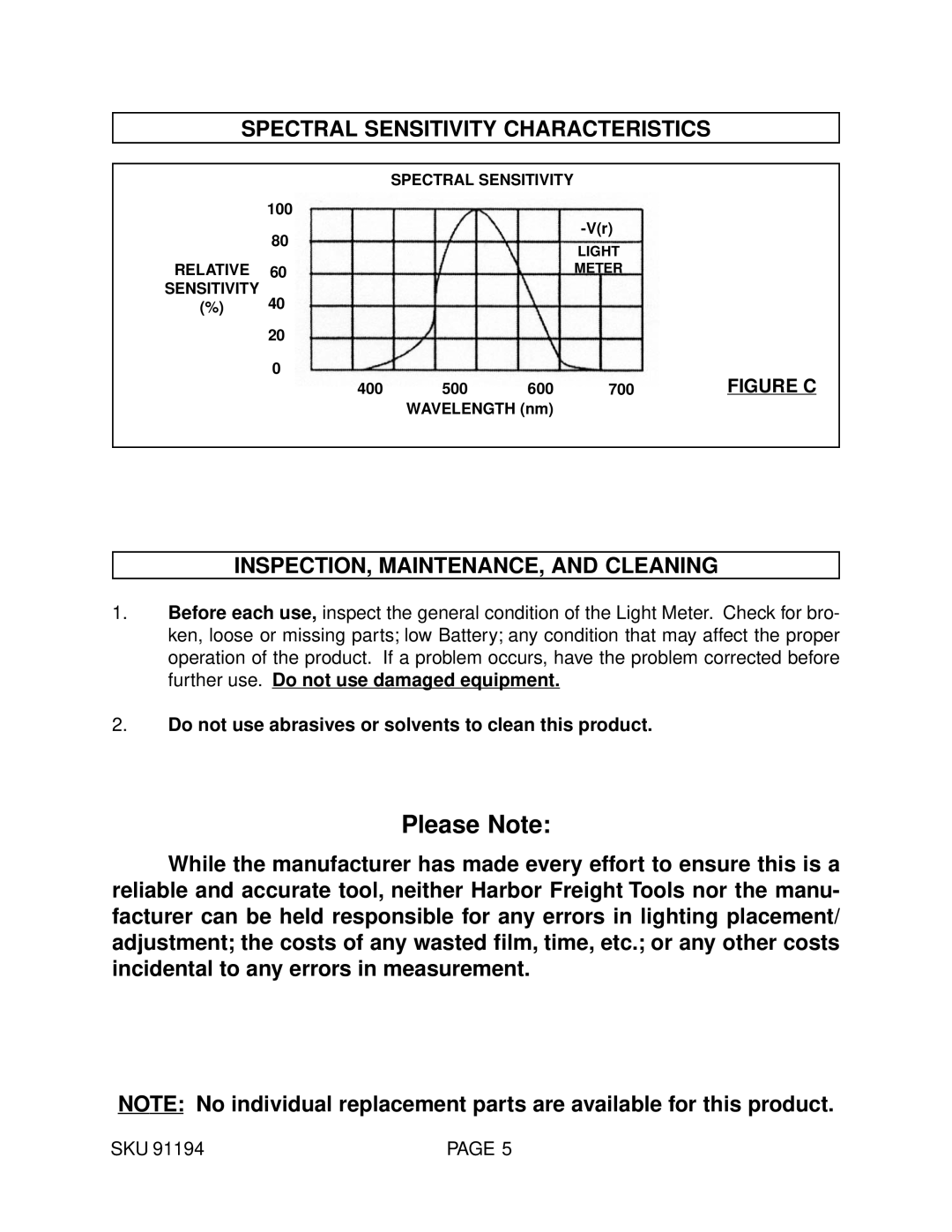 Harbor Freight Tools 91194 Spectral Sensitivity Characteristics, INSPECTION, MAINTENANCE, and Cleaning 