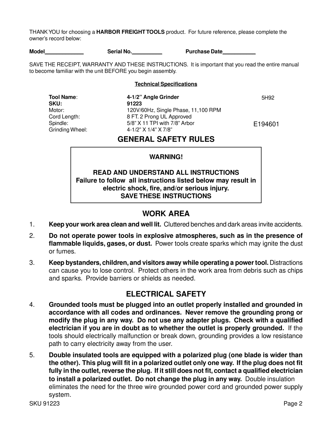 Harbor Freight Tools 91223 operating instructions General Safety Rules, Work Area, Electrical Safety 