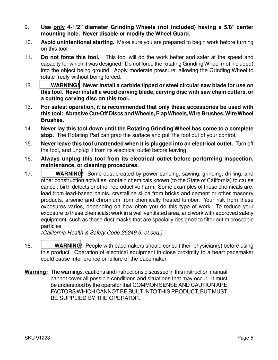 Harbor Freight Tools 91223 operating instructions California Health & Safety Code 25249.5, et seq 