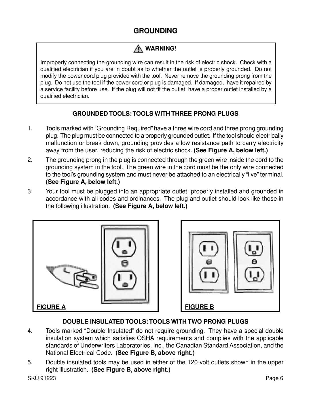 Harbor Freight Tools 91223 operating instructions Grounding, Grounded Tools Tools with Three Prong Plugs 